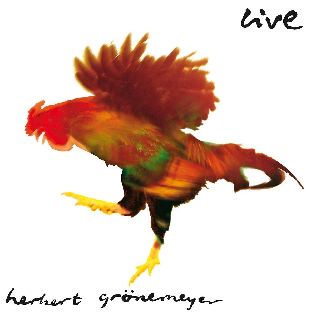 Ein Hahn mit rotem Kamm springt. Text 'live' und 'Herbert Grönemeyer' sind vorhanden.