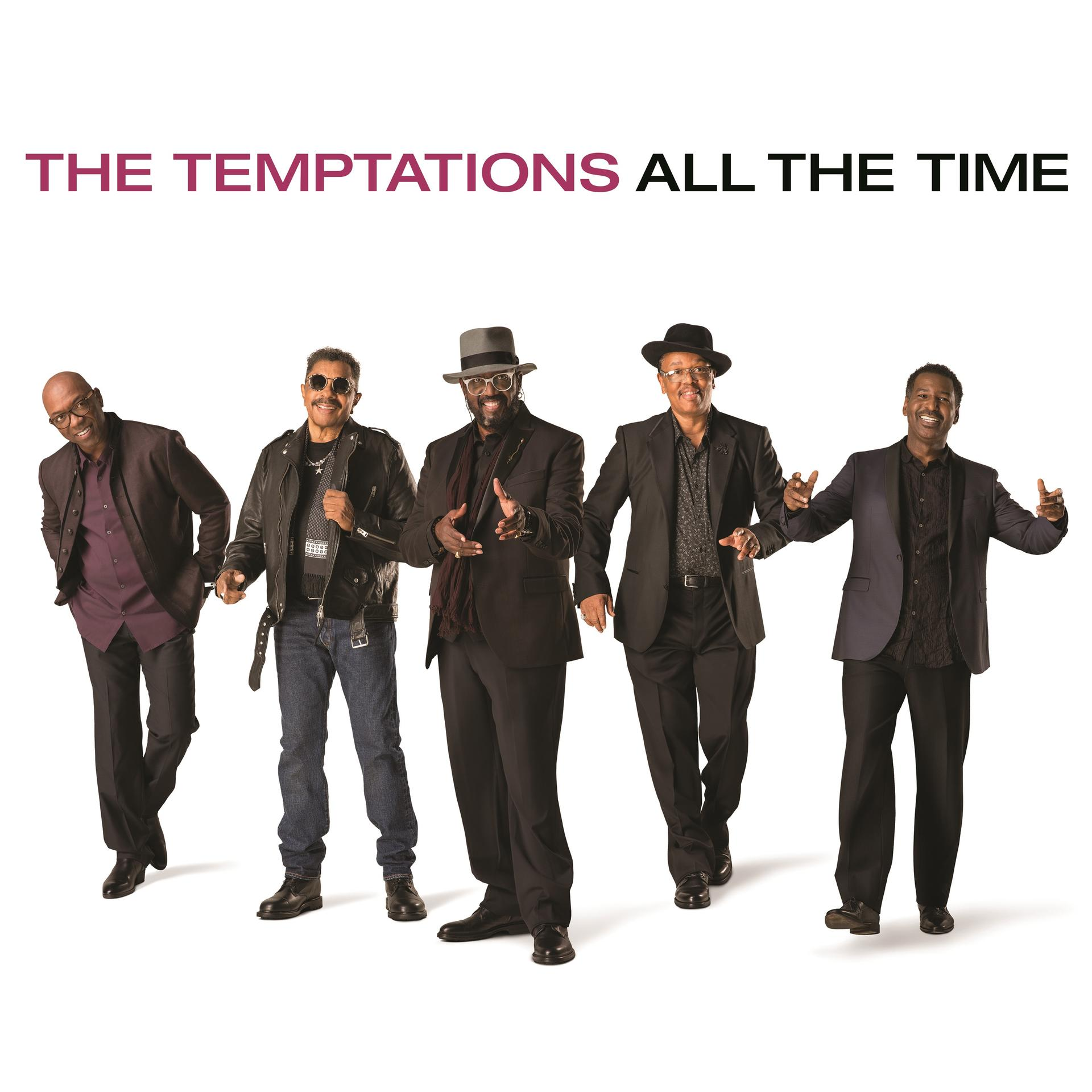 Fünf Männer in Anzügen posieren für ein Foto. Die Worte "THE TEMPTATIONS ALL THE TIME" stehen oben.