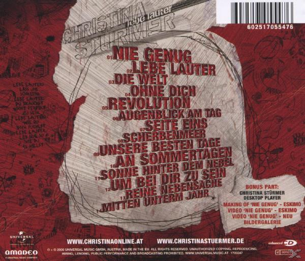 Album-Rückseite: 'Nie Genug' von Christina Stürmer. Text auf Deutsch. Album-Trackliste und Credits.
