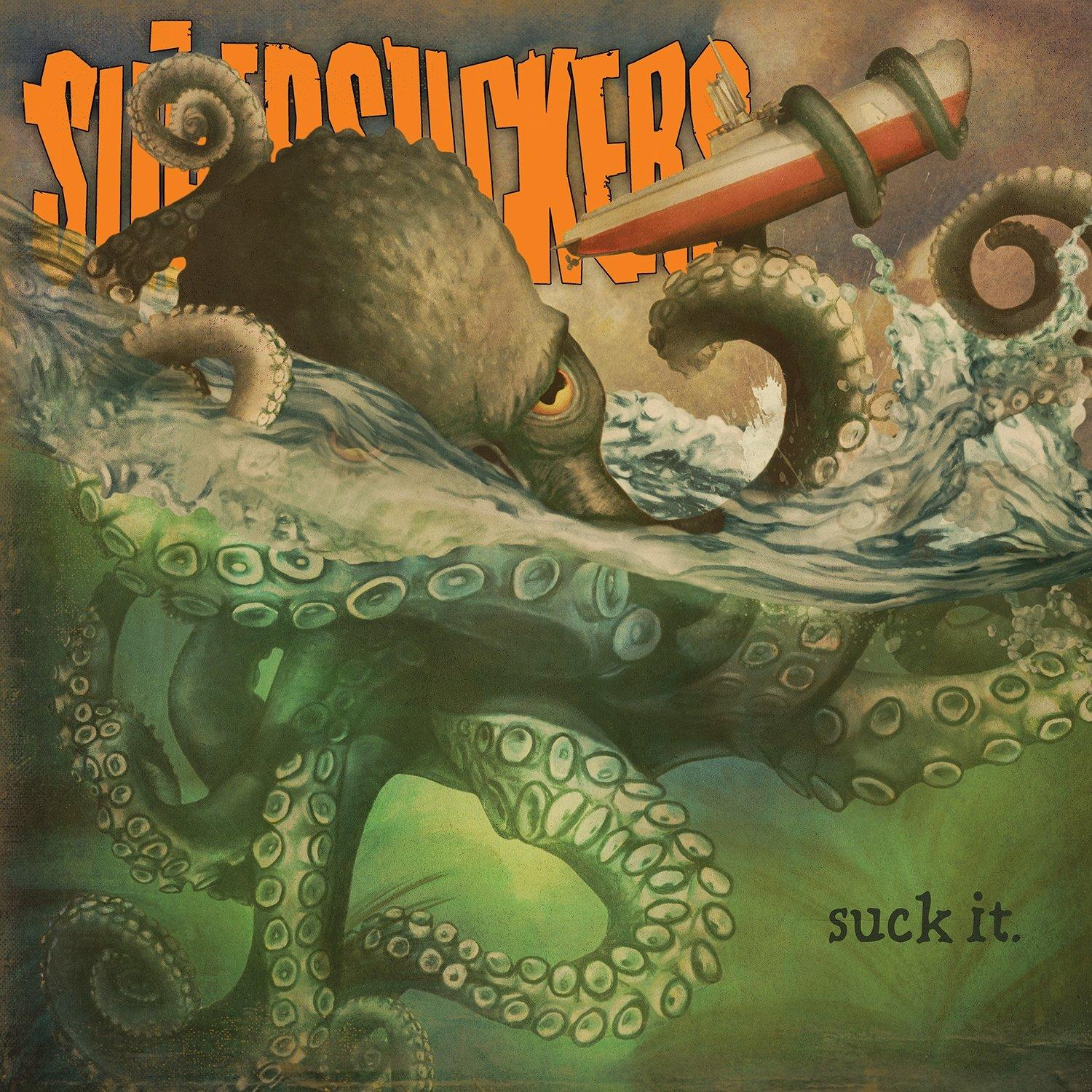 Albumcover mit Oktopus, Flugzeug und Text "Sleepy Sucker: Suck it".