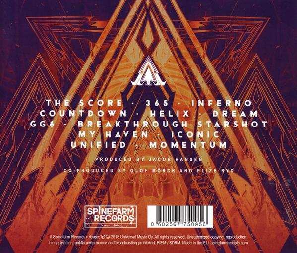 Album-Rückseite, geometrisches Design, rot und orange. Songtitel und Spinefarm Records Logo.