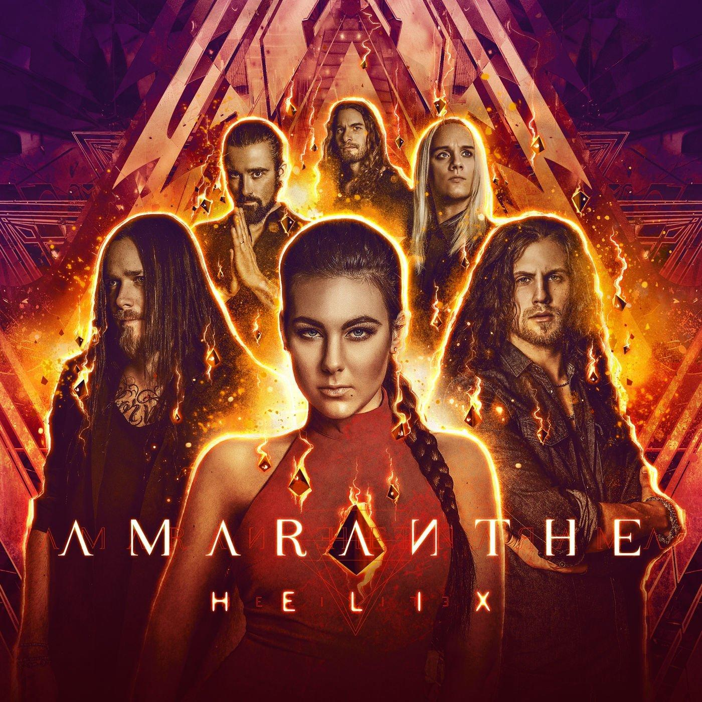 Amaranthe-Albumcover. Sechs Personen in einem Kreis. Eine Frau in rotem Kleid steht im Mittelpunkt. Orangefarbener und violetter Hintergrund.