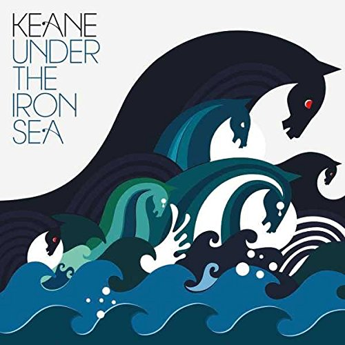 Albumhoes: Paarden in golven. Tekst: Keane, Under The Iron Sea. Donkerblauw en blauwgroen.