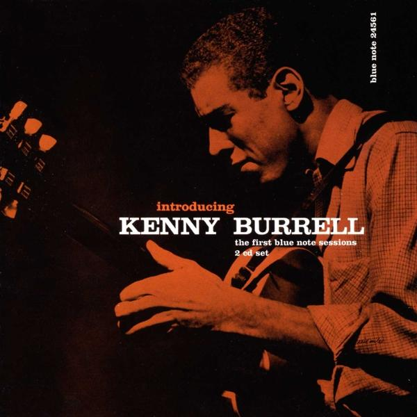 Album borító. Egy férfi gitárral, narancssárga tónusok, fekete háttér. A cím Introducing Kenny Burrell.