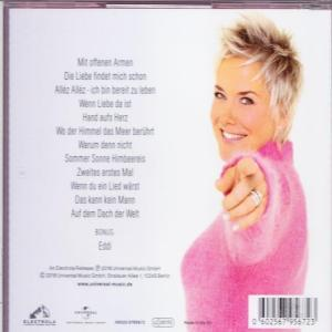Rückseite einer CD mit einer Frau, die auf den Betrachter zeigt, und Text auf Deutsch.
