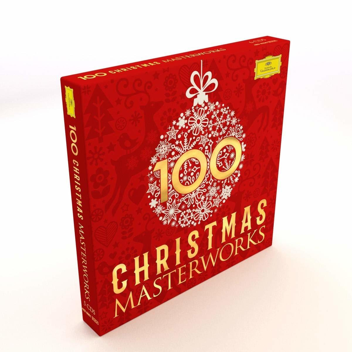 Ein rotes Box-Set mit goldenem Text. Der Text lautet "100 Christmas Masterworks" und hat ein Ornament-Design.