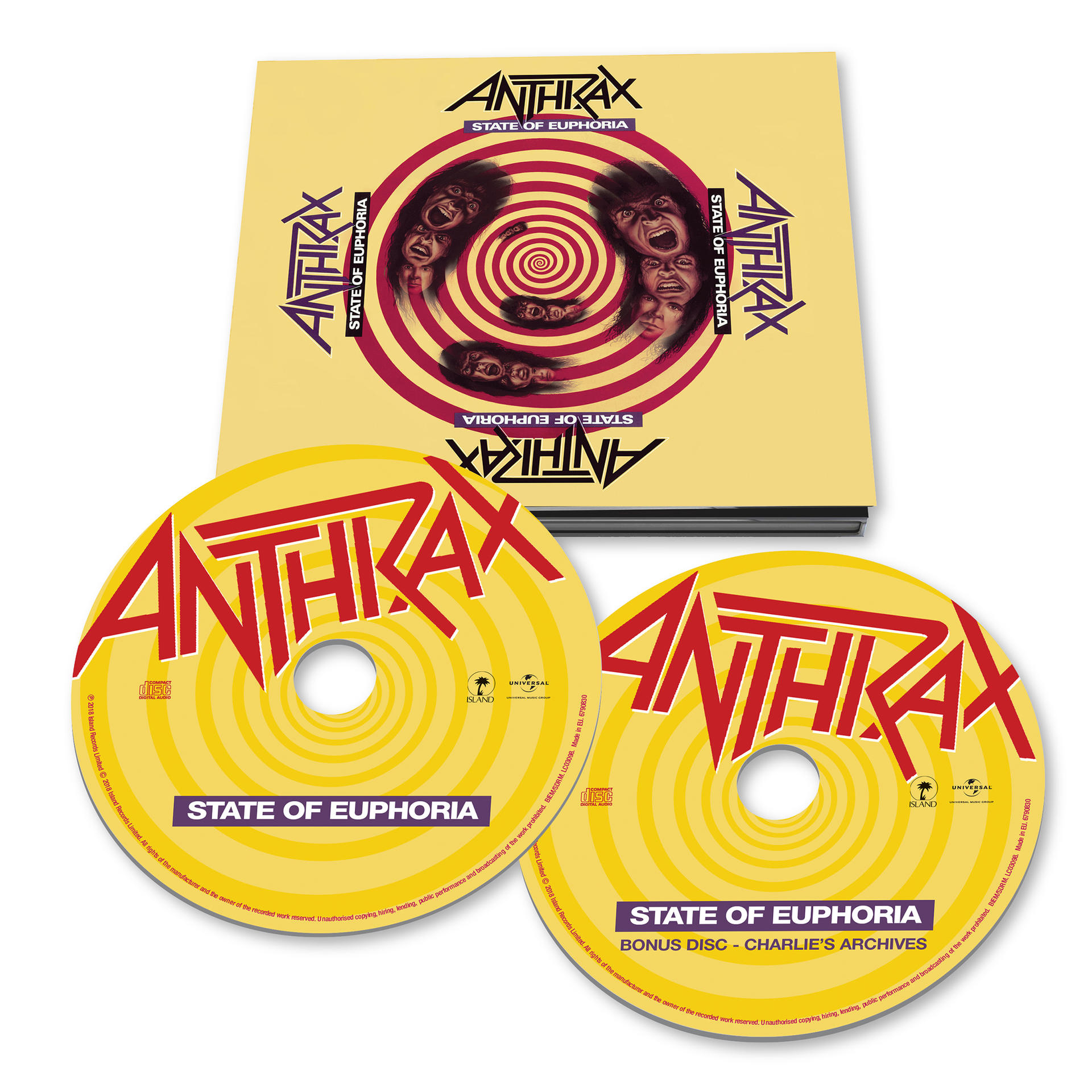 Anthrax-Albumcover. Gelbe Scheiben mit rotem Text und ein gelbes Case mit Spirale und Gesichtern.