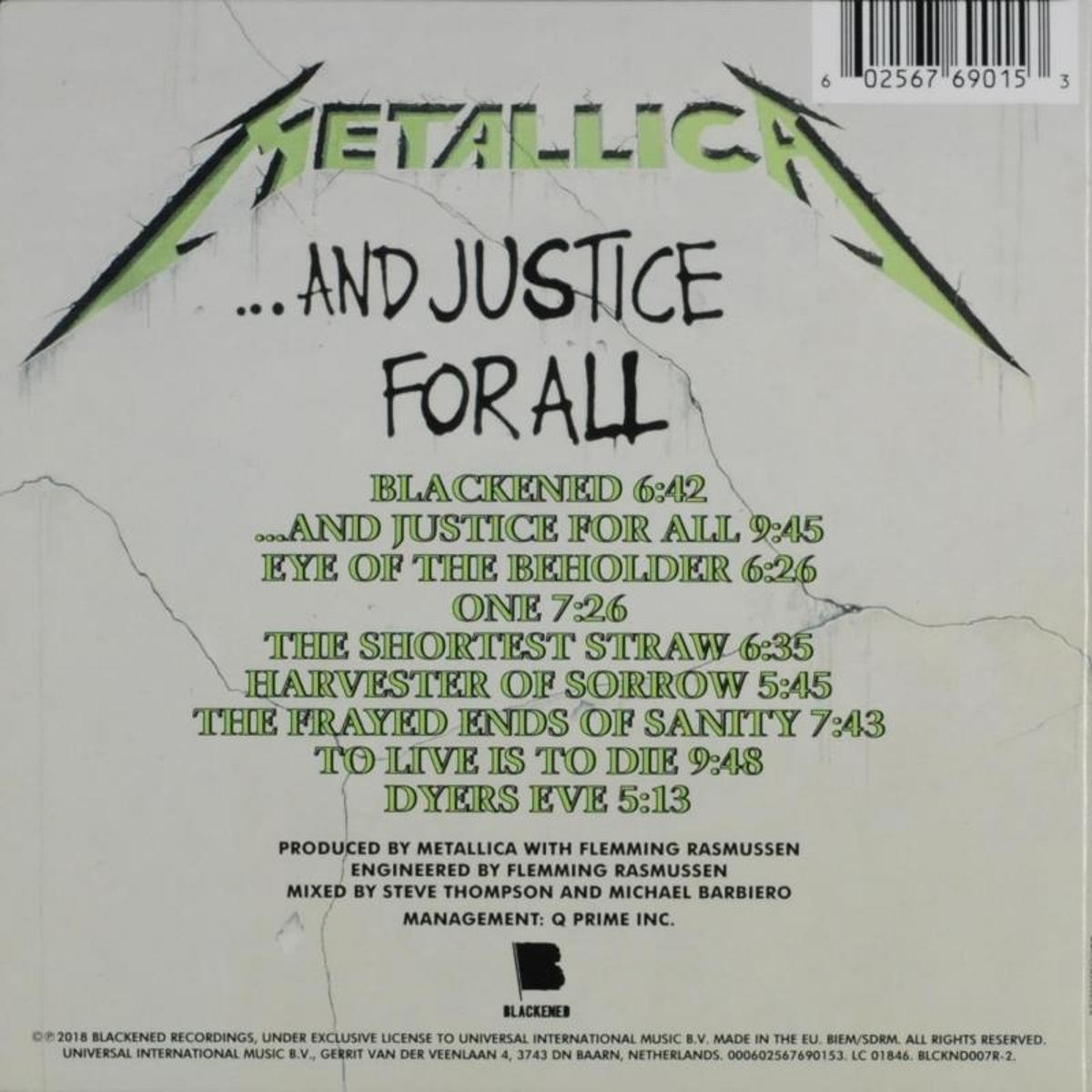 Album-Rückseite mit Titelliste und Bandlogo in Grün und Schwarz.