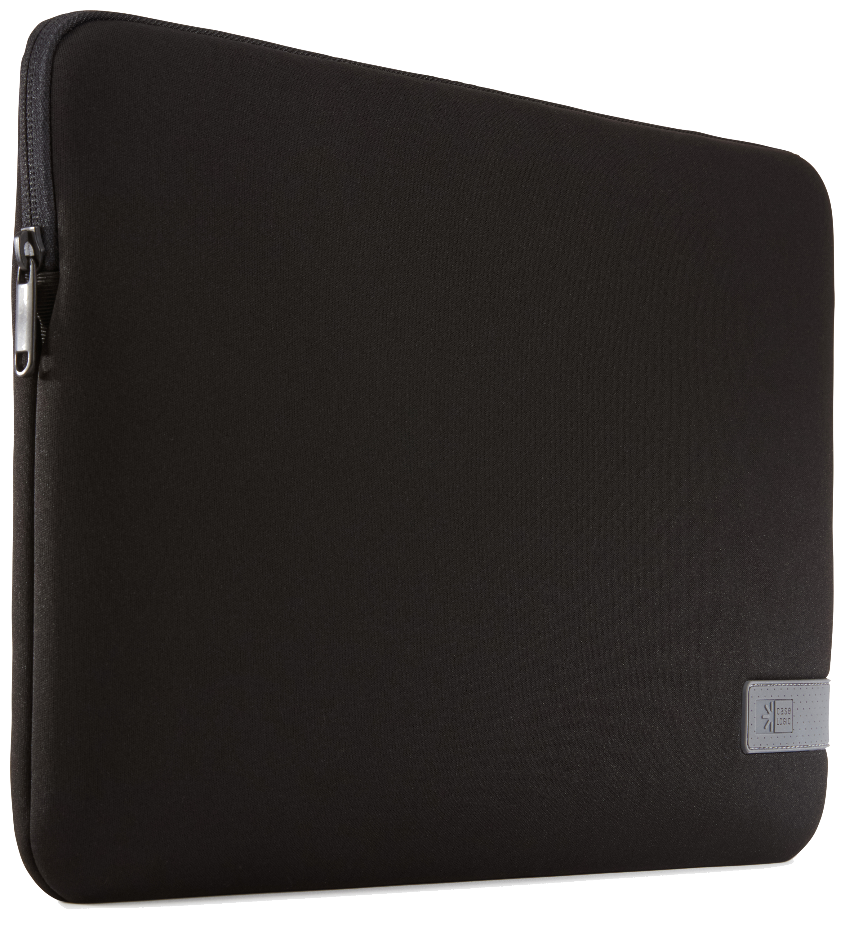 Black laptop sleeve with a zipper and a small grey logo patch. Dark background.