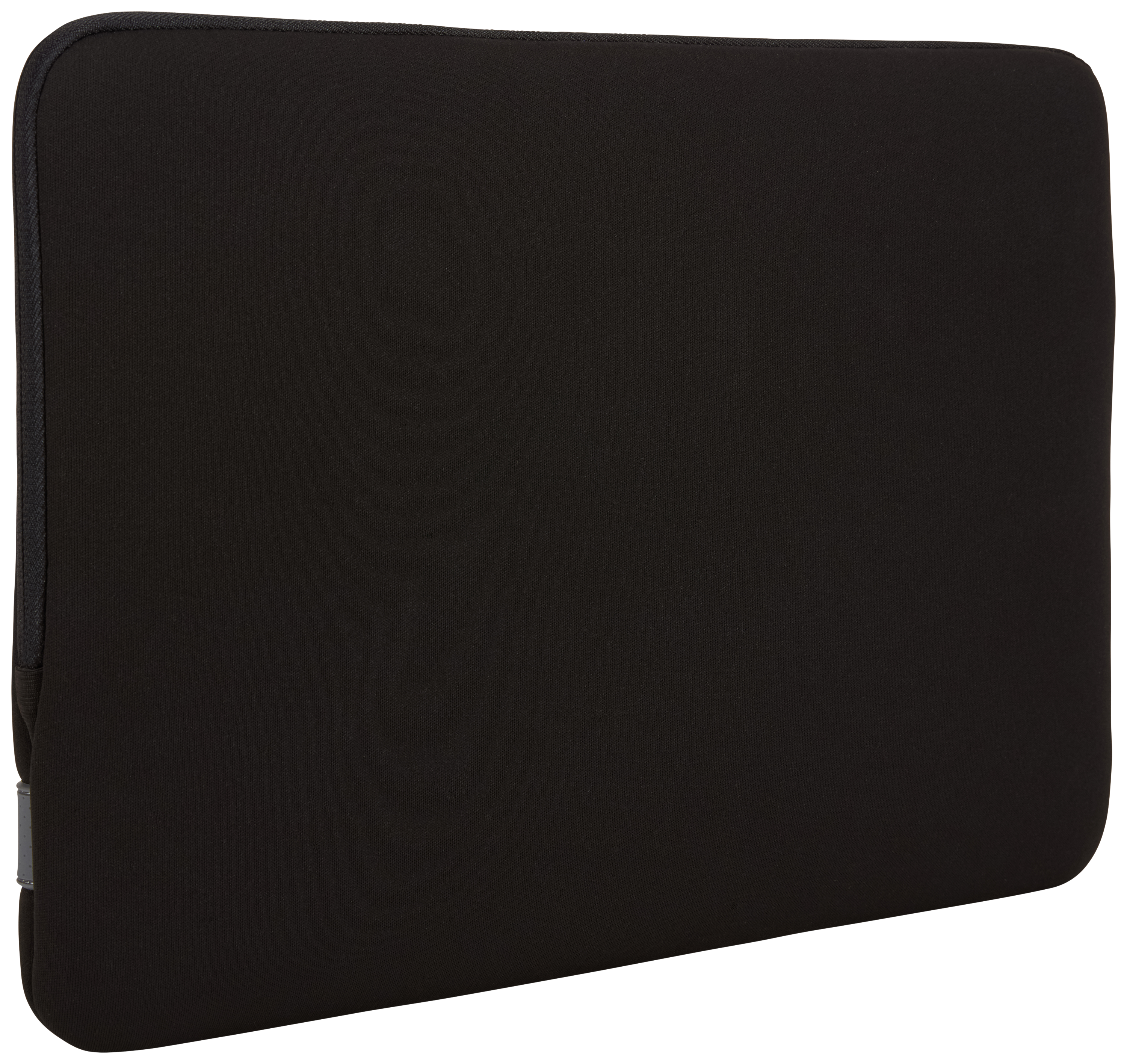 Black laptop sleeve. The sleeve is rectangular, flat, and has a zipper on the side.