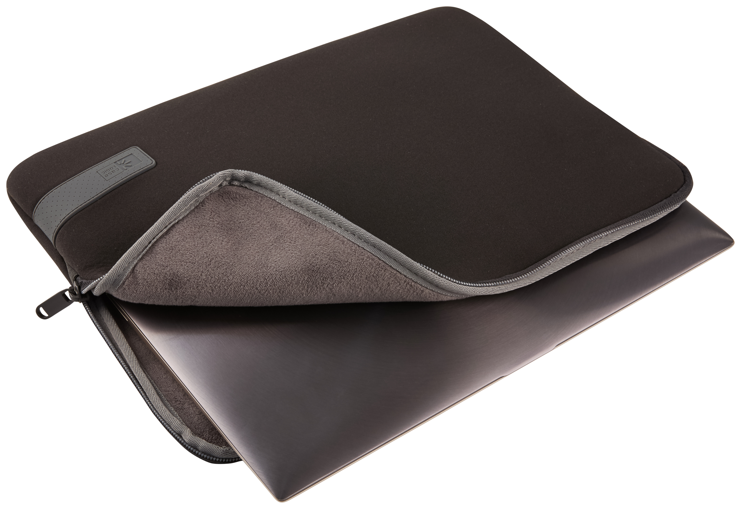 Black laptop sleeve, gray interior, zipper open, revealing a laptop, on white background.
