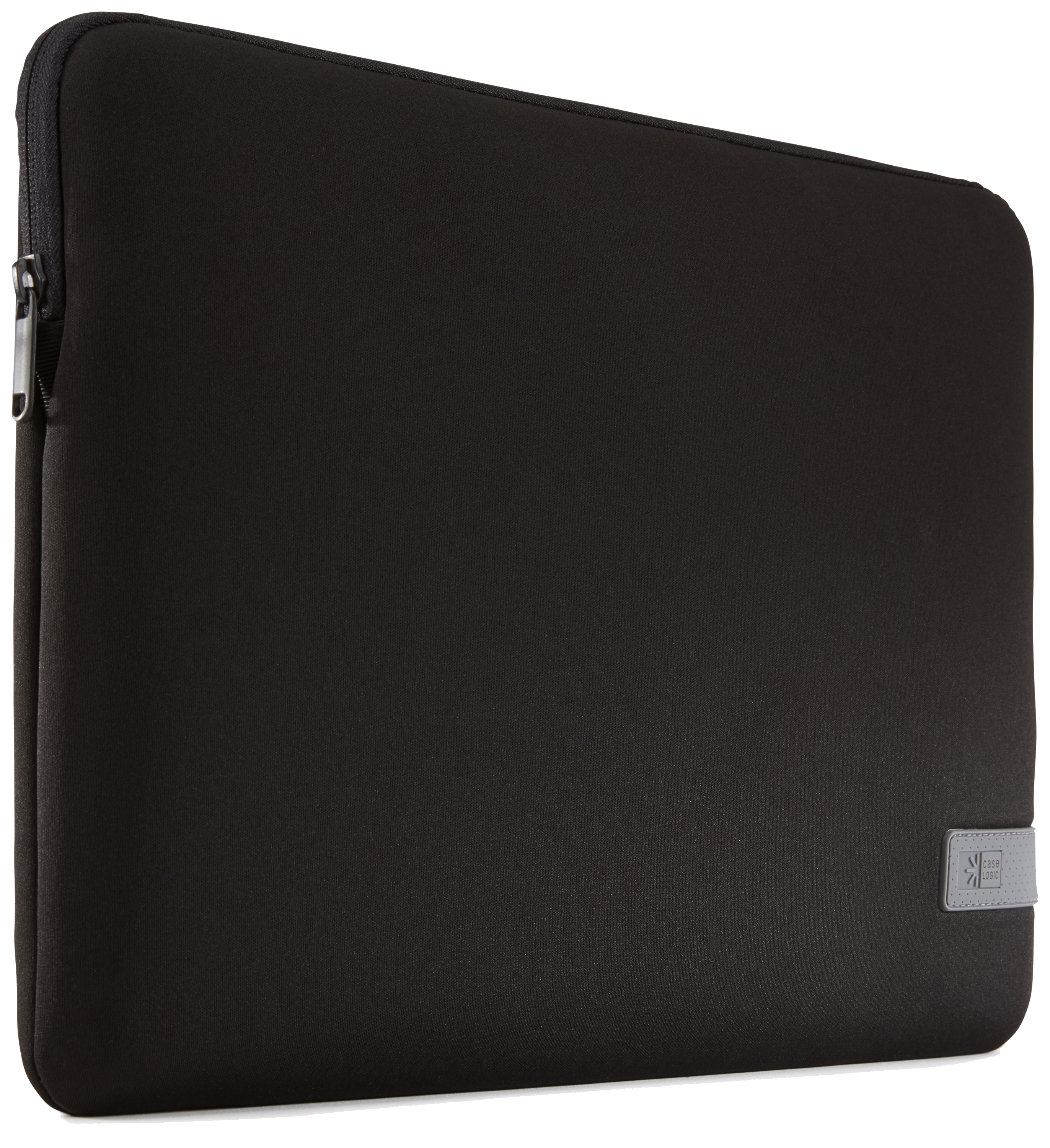 Black laptop sleeve with a zipper and a small gray logo on the lower right corner.