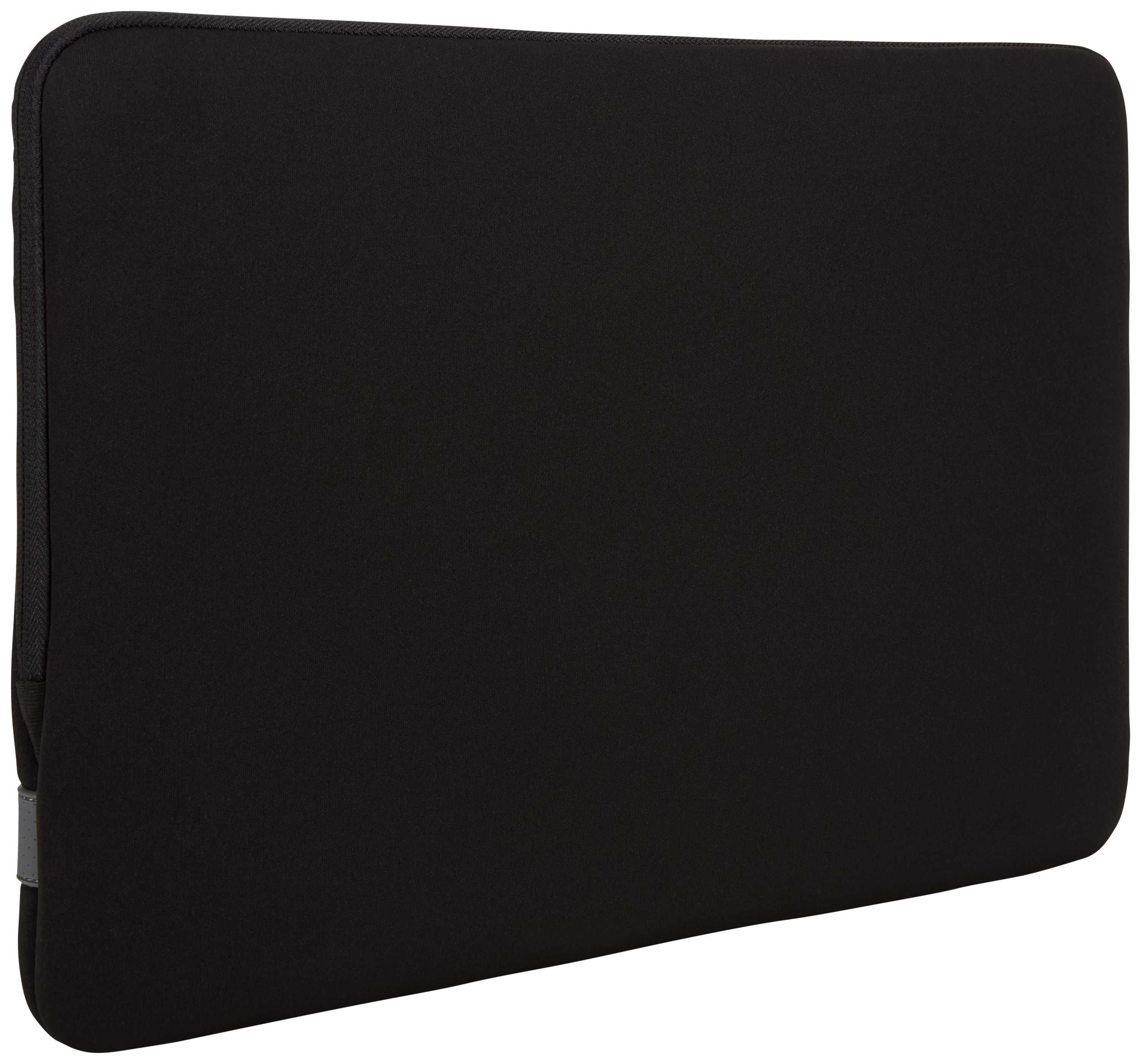 A black laptop sleeve. It is plain and has a zipper on the side. The background is white.
