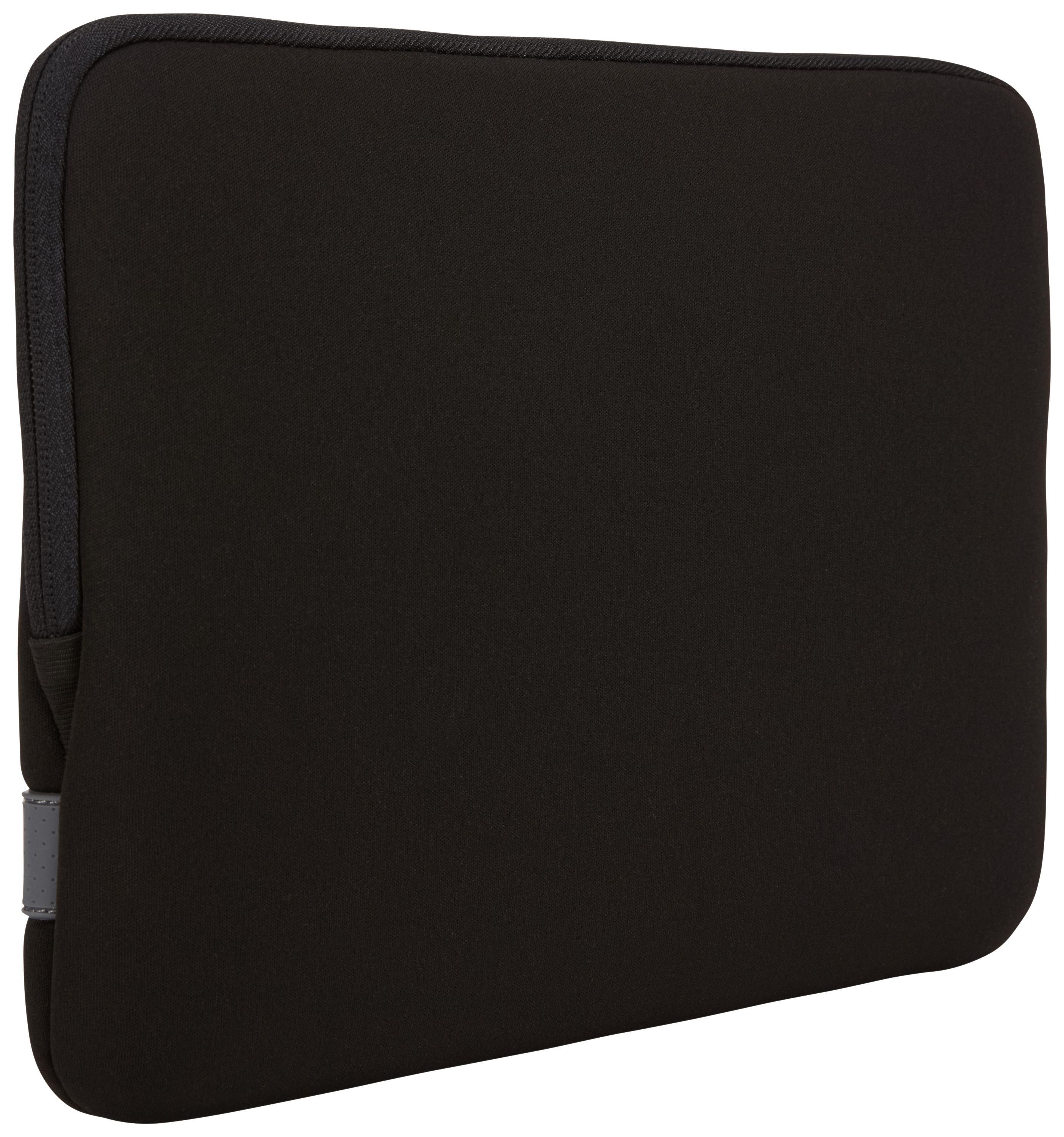 Black laptop sleeve, smooth texture, with a small gray tag on the bottom right corner.