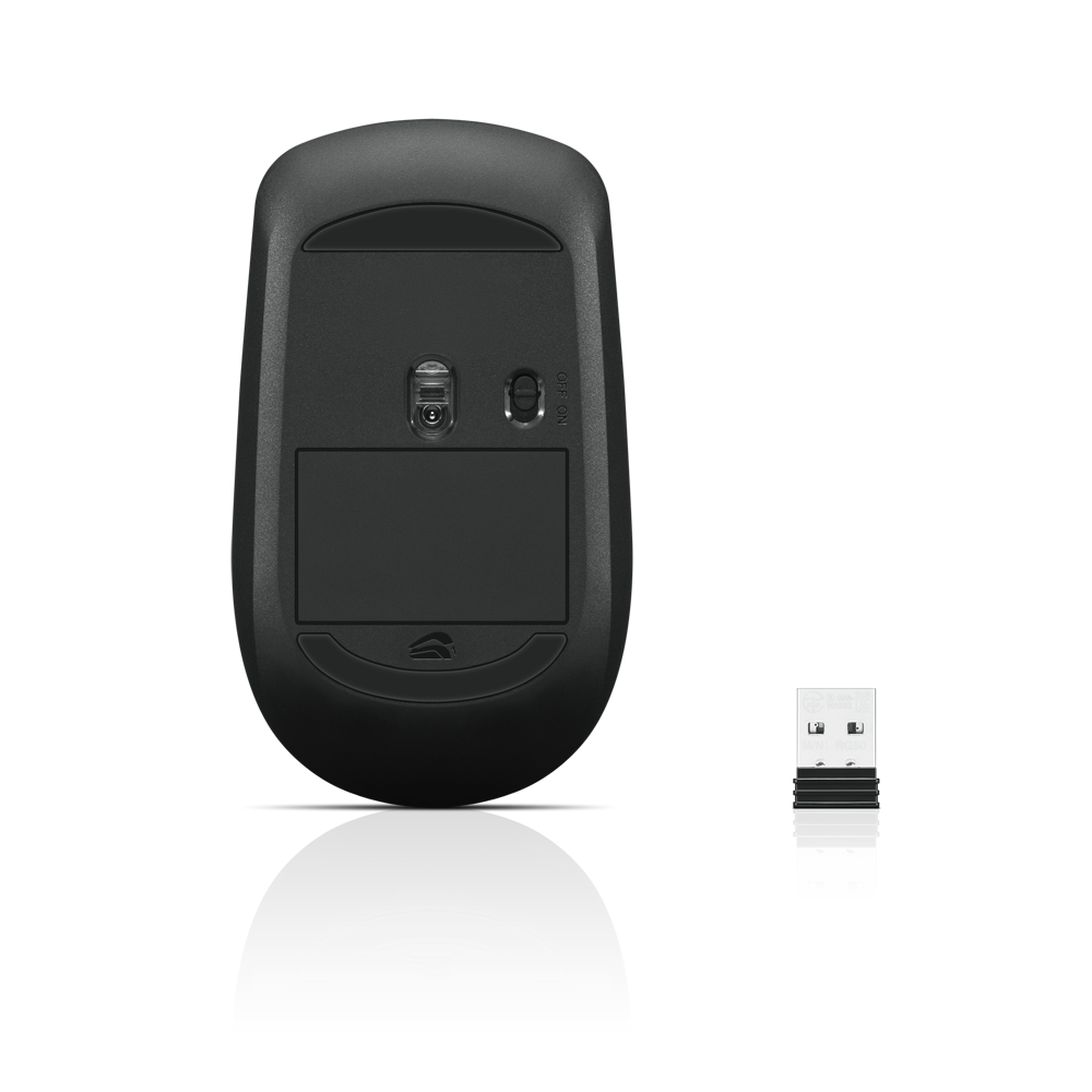 USB alıcılı siyah bilgisayar faresi.