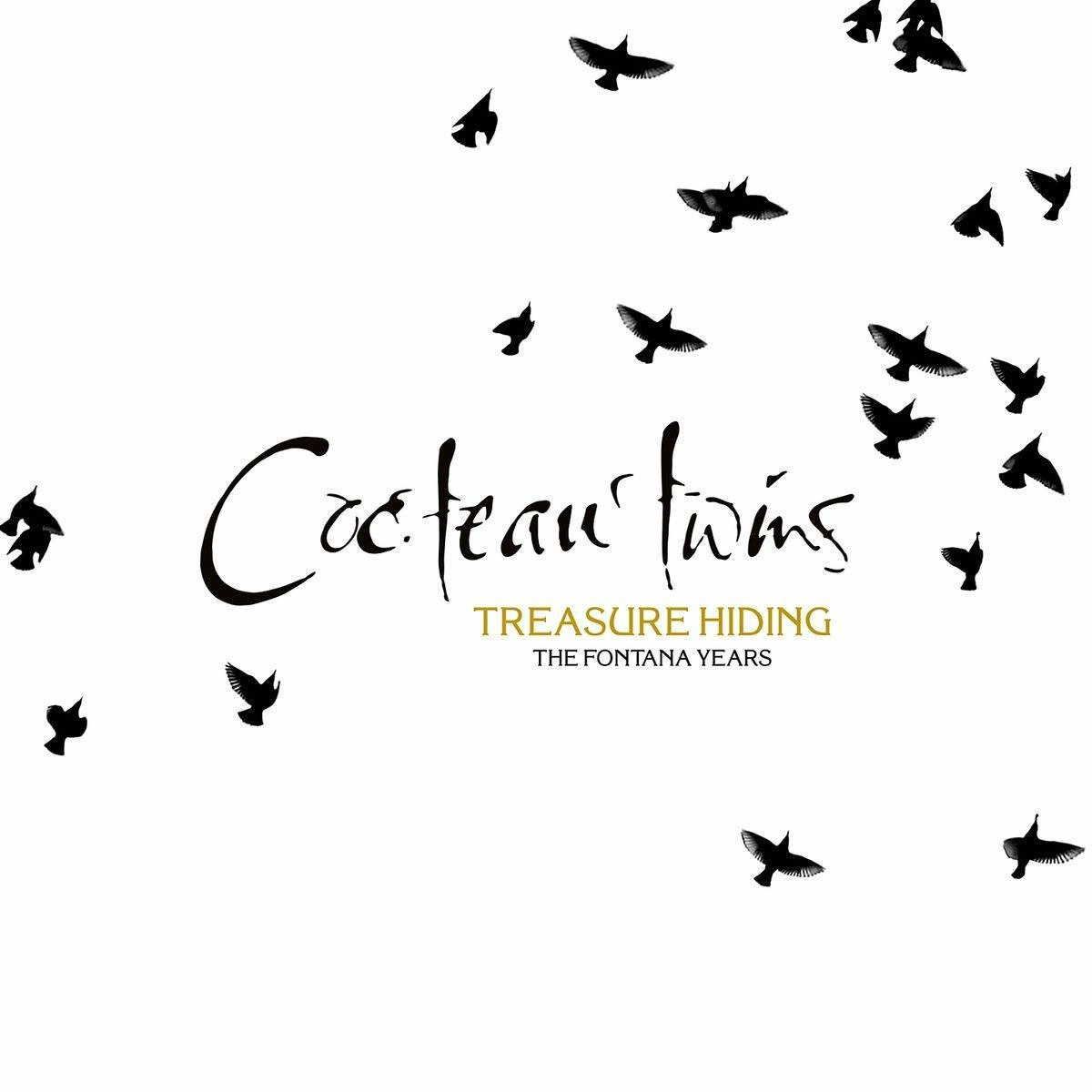 Albumcover mit schwarzen Vögeln und Text, Cocteau Twins Treasure Hiding.