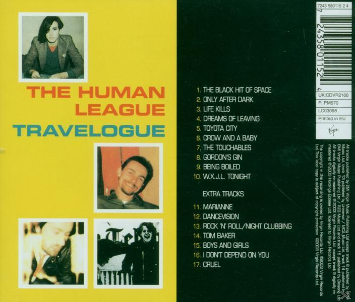 A The Human League Travelogue albumának CD-borítója. A zenekar tagjait és a számlistát tartalmazza.