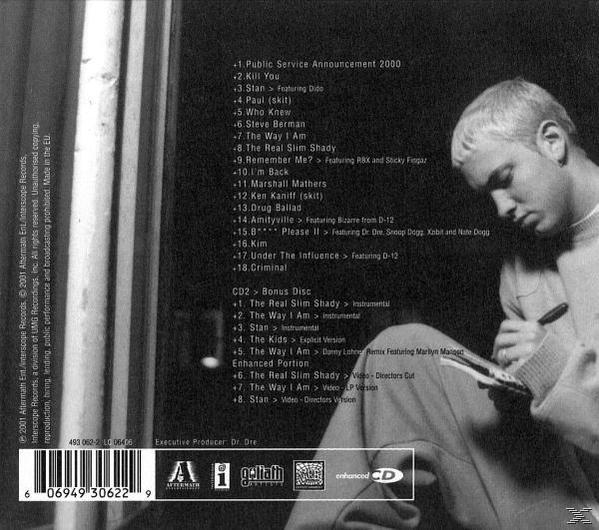 Album borító Eminemmel és számlistával. Fekete-fehér kép CD címkével.