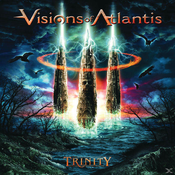Fantasy albumborító. Három torony villámlással, vizet és madarakat körülvéve. A cím: 'Trinity'.