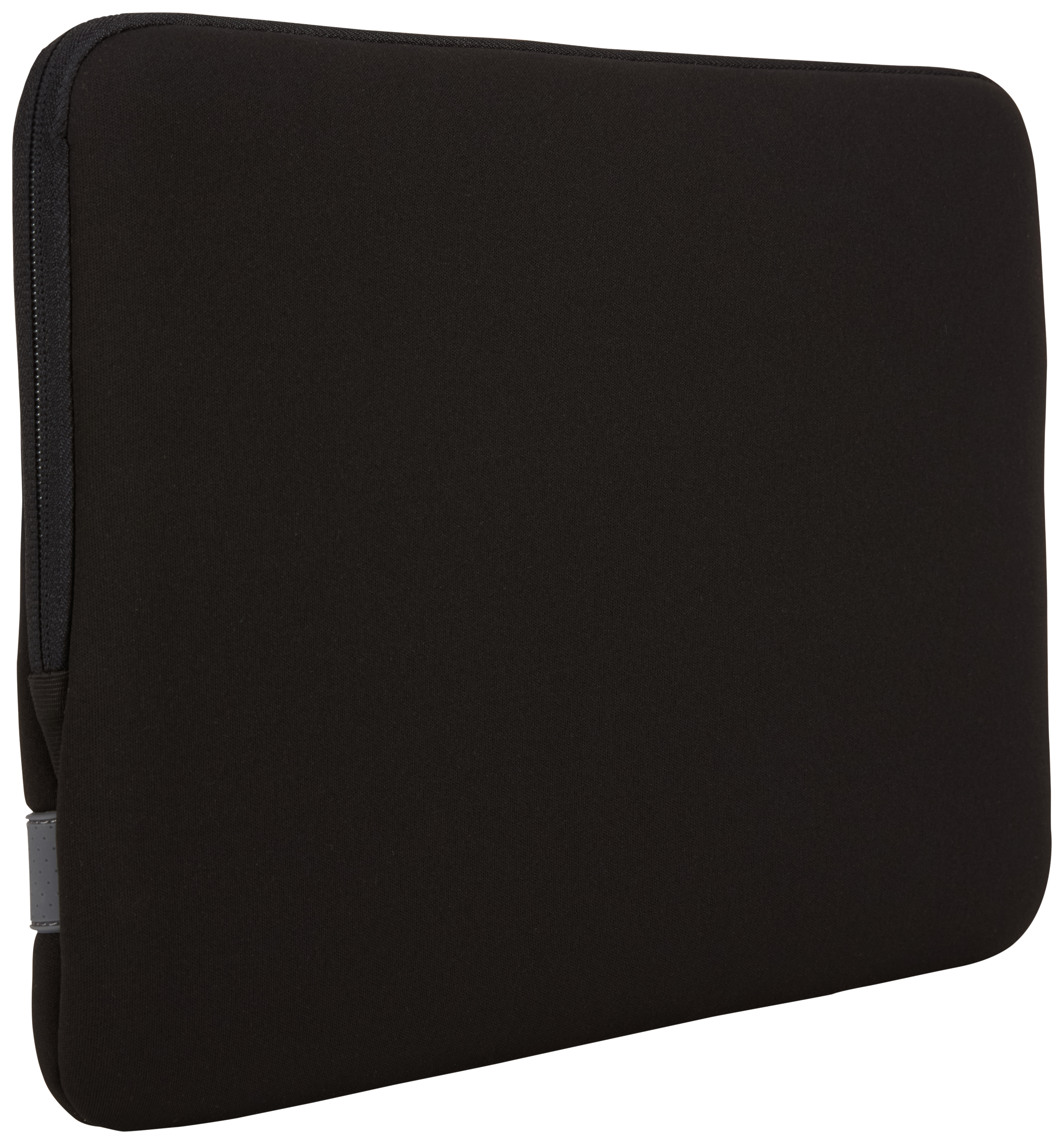 Black laptop sleeve with a zipper and a small grey tag on the side.