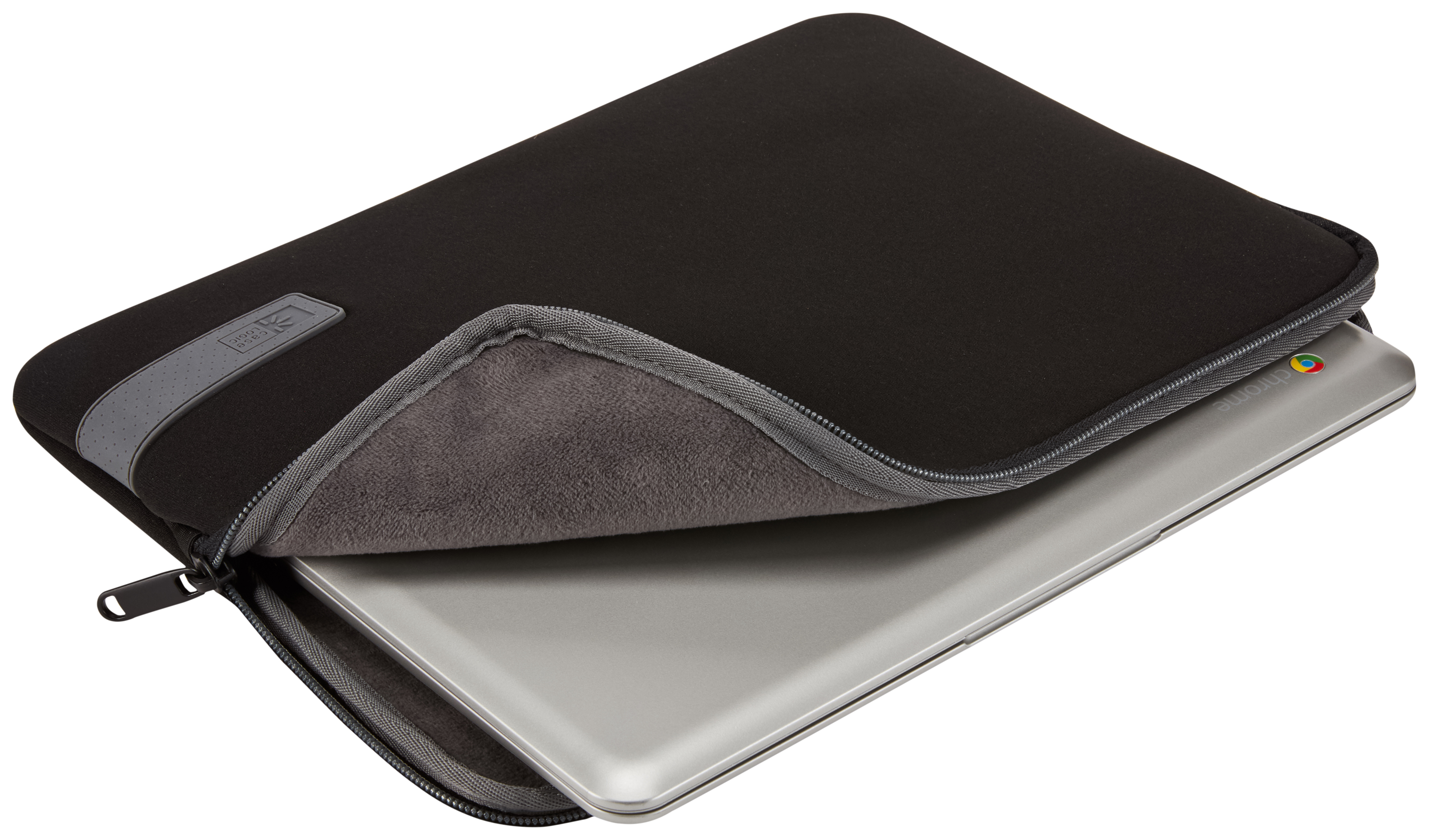 Black laptop sleeve, partially open. A silver laptop is visible inside the sleeve.