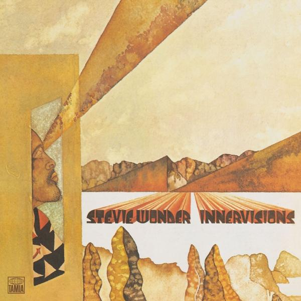 Album borító egy férfi arcával. Szöveg: Stevie Wonder Innervisions. Narancs és bézs tónusok.