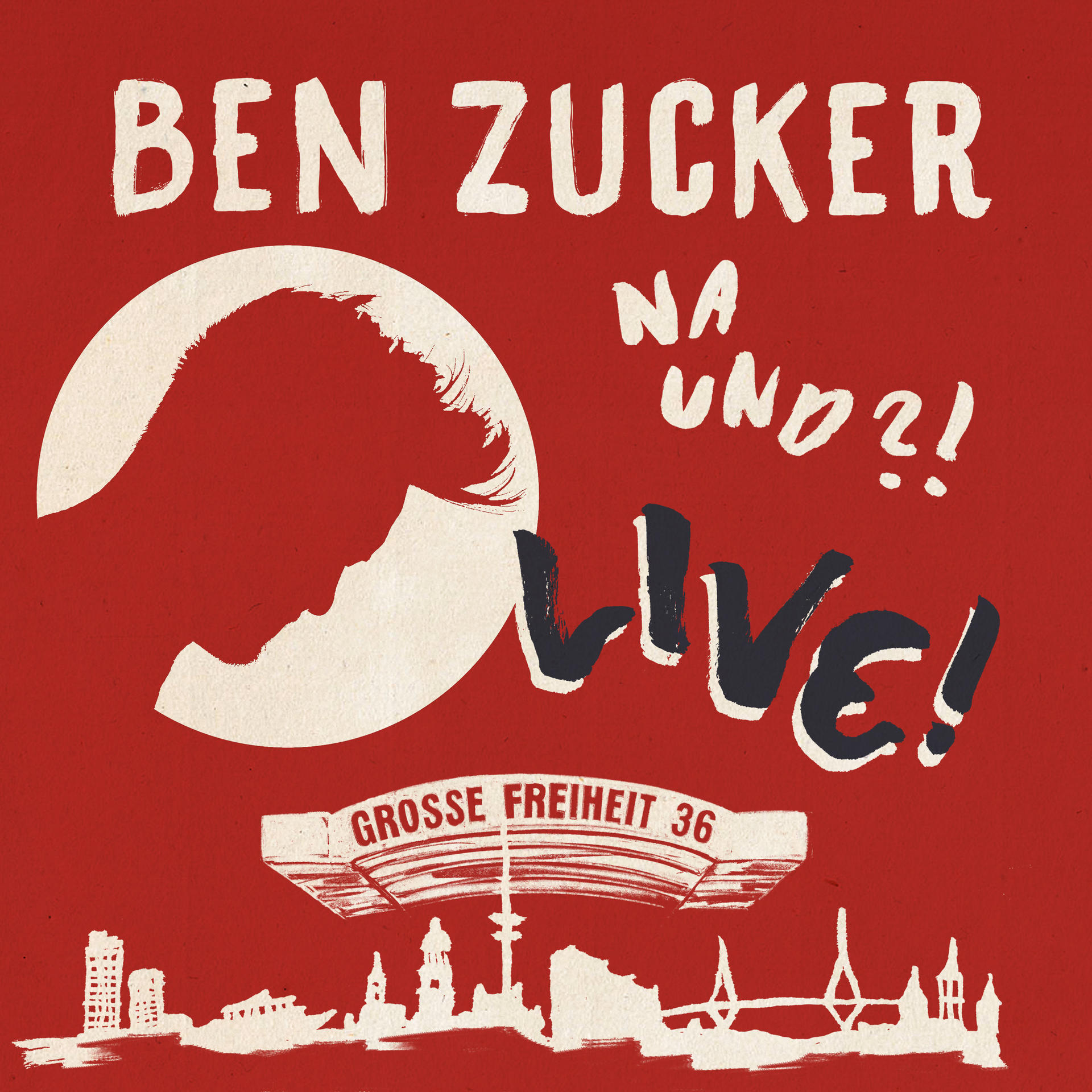 Ben Zucker Live Albumcover. Silhouette eines Männerkopfes, Text: Ben Zucker, LIVE! und eine Skyline.