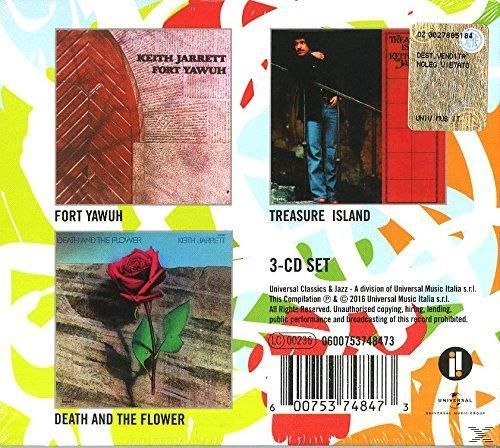 Eine CD-Hülle mit drei Albumcovern. Der Hintergrund ist farbenfroh und enthält einen Aufkleber.