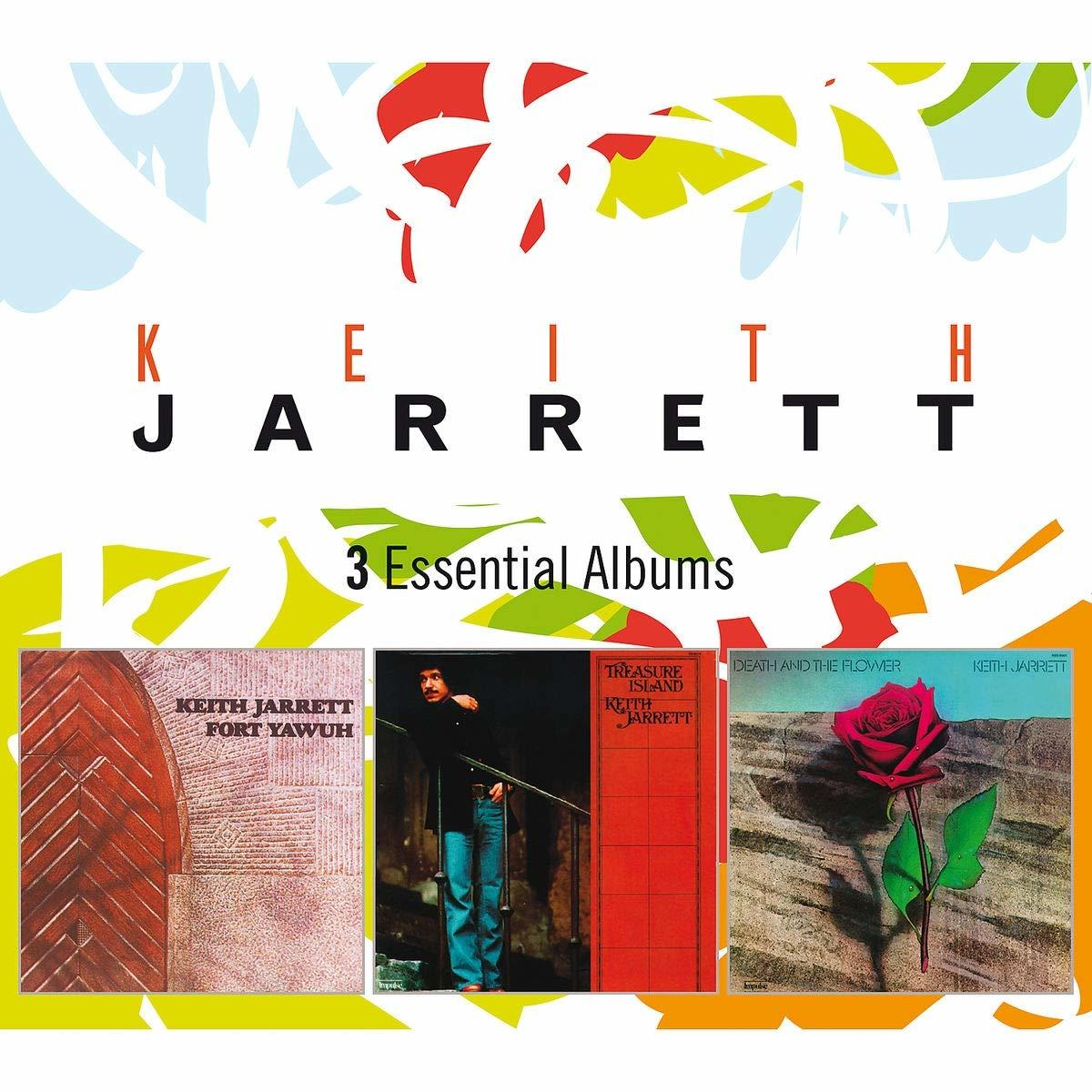 Albumcover mit Keith Jarrett, darunter drei Albumcover. Der Text lautet Keith Jarrett, 3 wesentliche Alben.