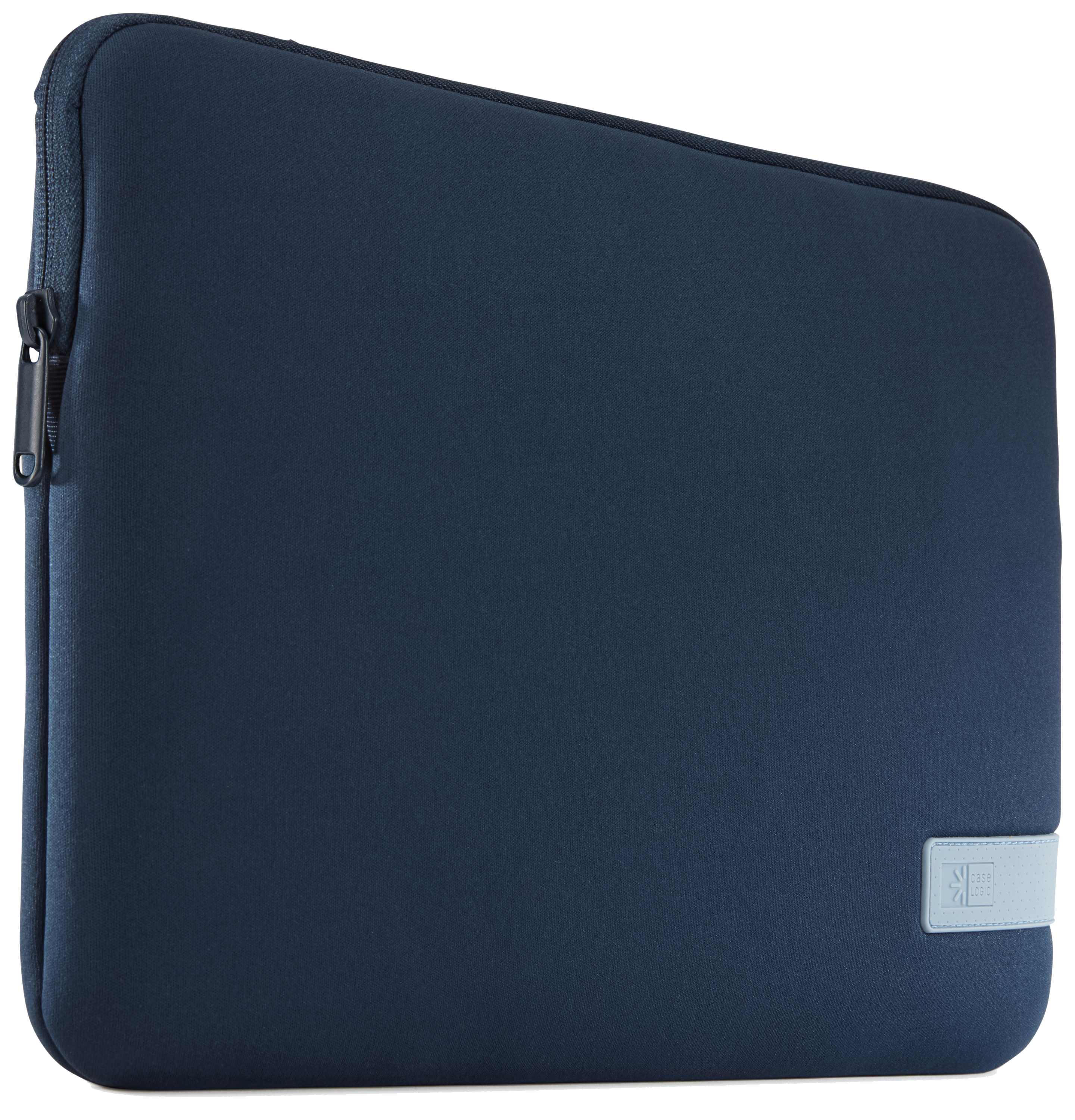 Navy blue laptop sleeve with a zipper and a small grey tag on the side.