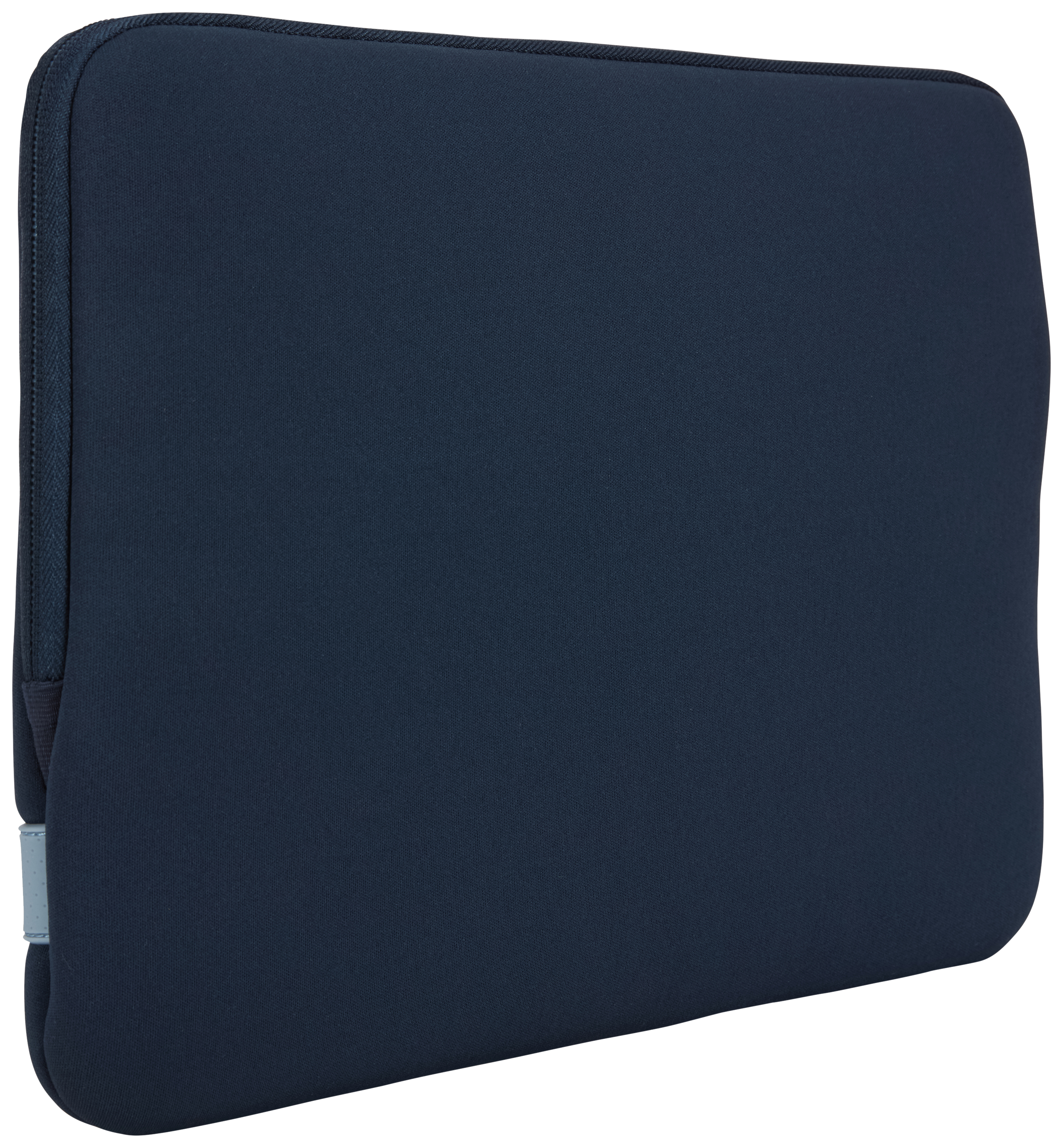 A dark blue laptop sleeve. It has a zipper on the side and a small, light blue tab.