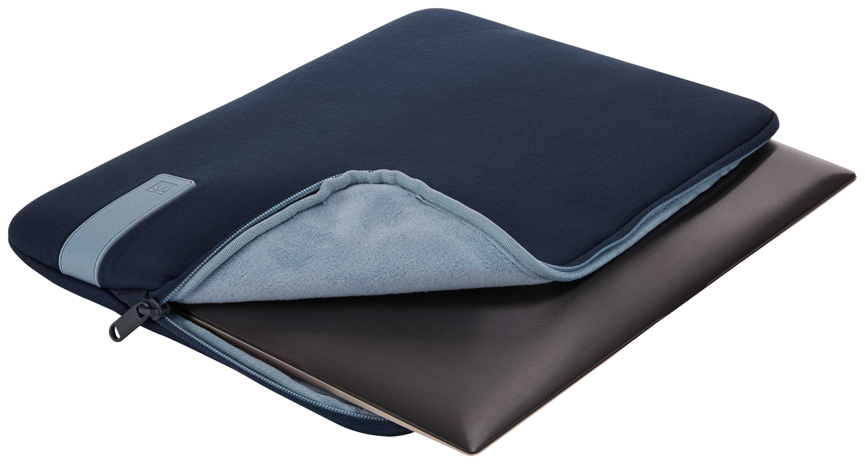 A navy blue laptop sleeve with a light blue zipper and a laptop inside.