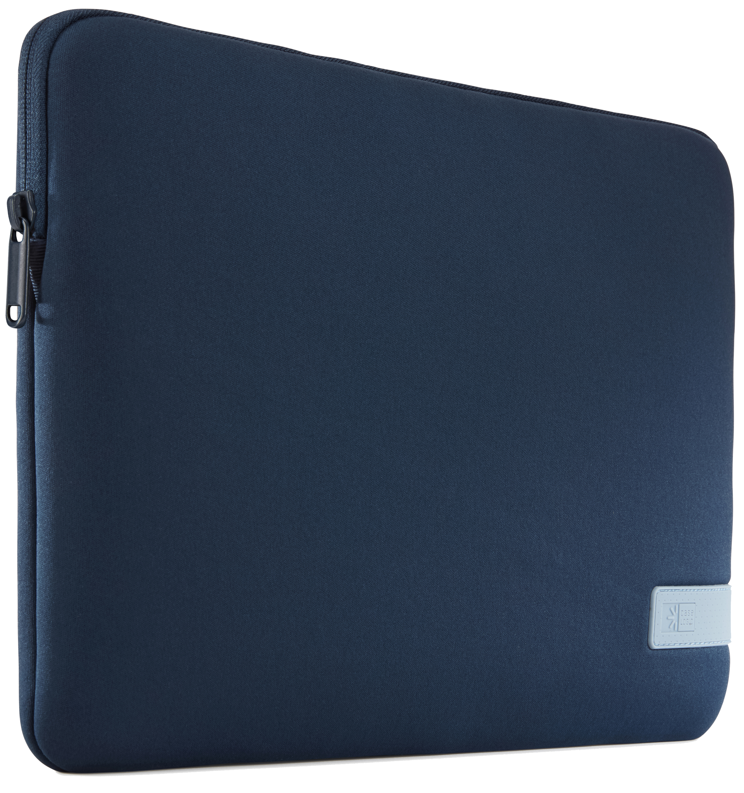 A blue laptop sleeve with a zipper and a small gray logo on the bottom right.