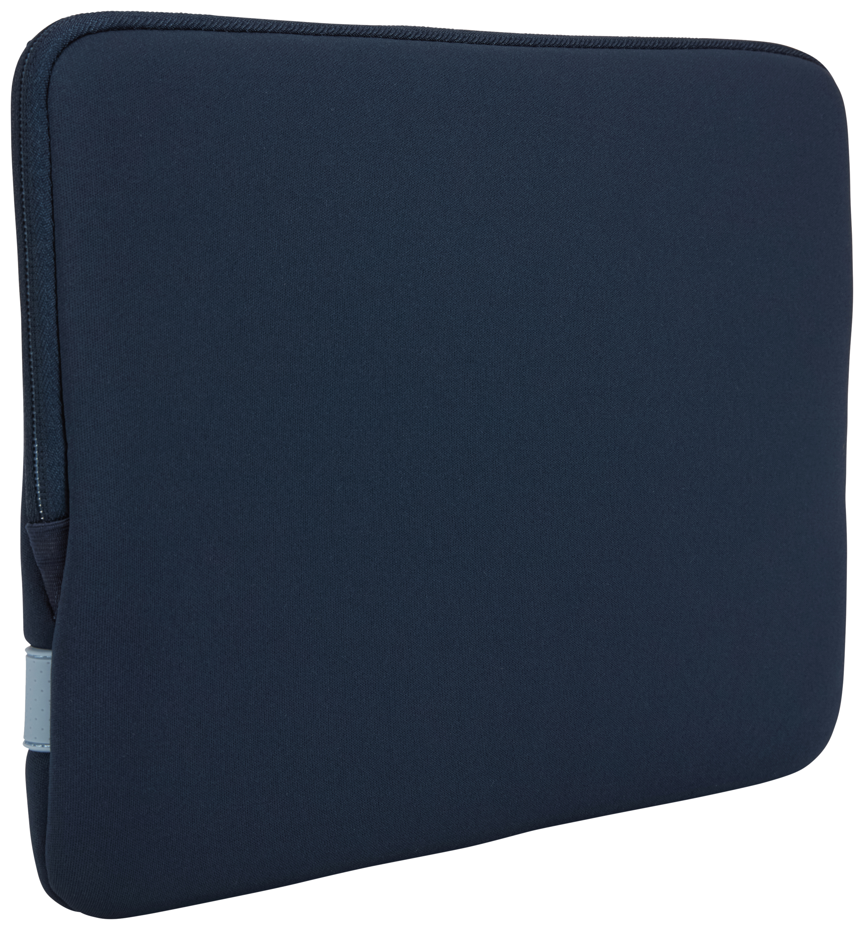 Navy laptop sleeve, closed, with a small light blue tag.