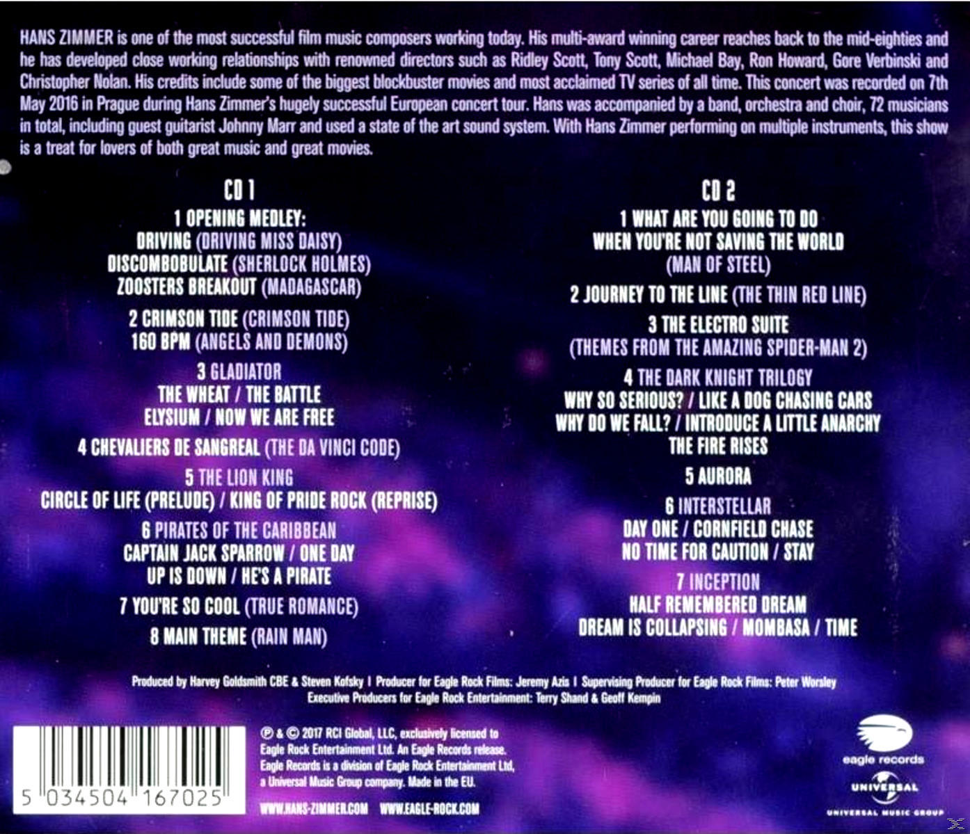 Een cd-hoes van het muziekconcert van Hans Zimmer. Tekst en foto's zijn zichtbaar.