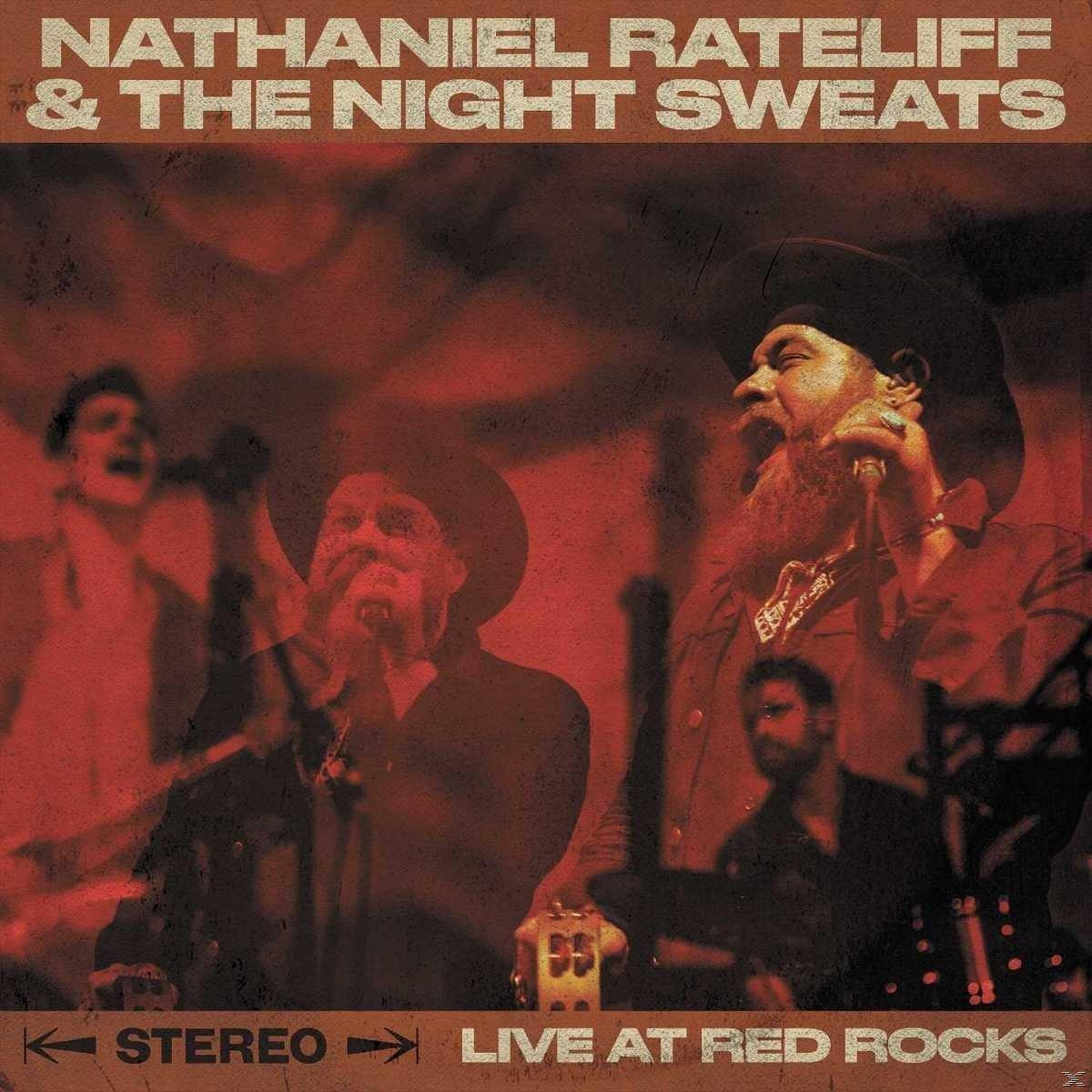 Nathaniel Rateliff band, concertfoto, vintage stijl met rode tinten.