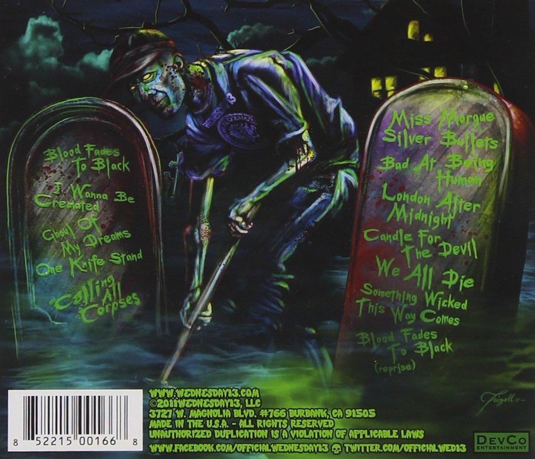 Album-Rückseite mit Zombie-Illustration und Songtiteln, mit Friedhofshintergrund.