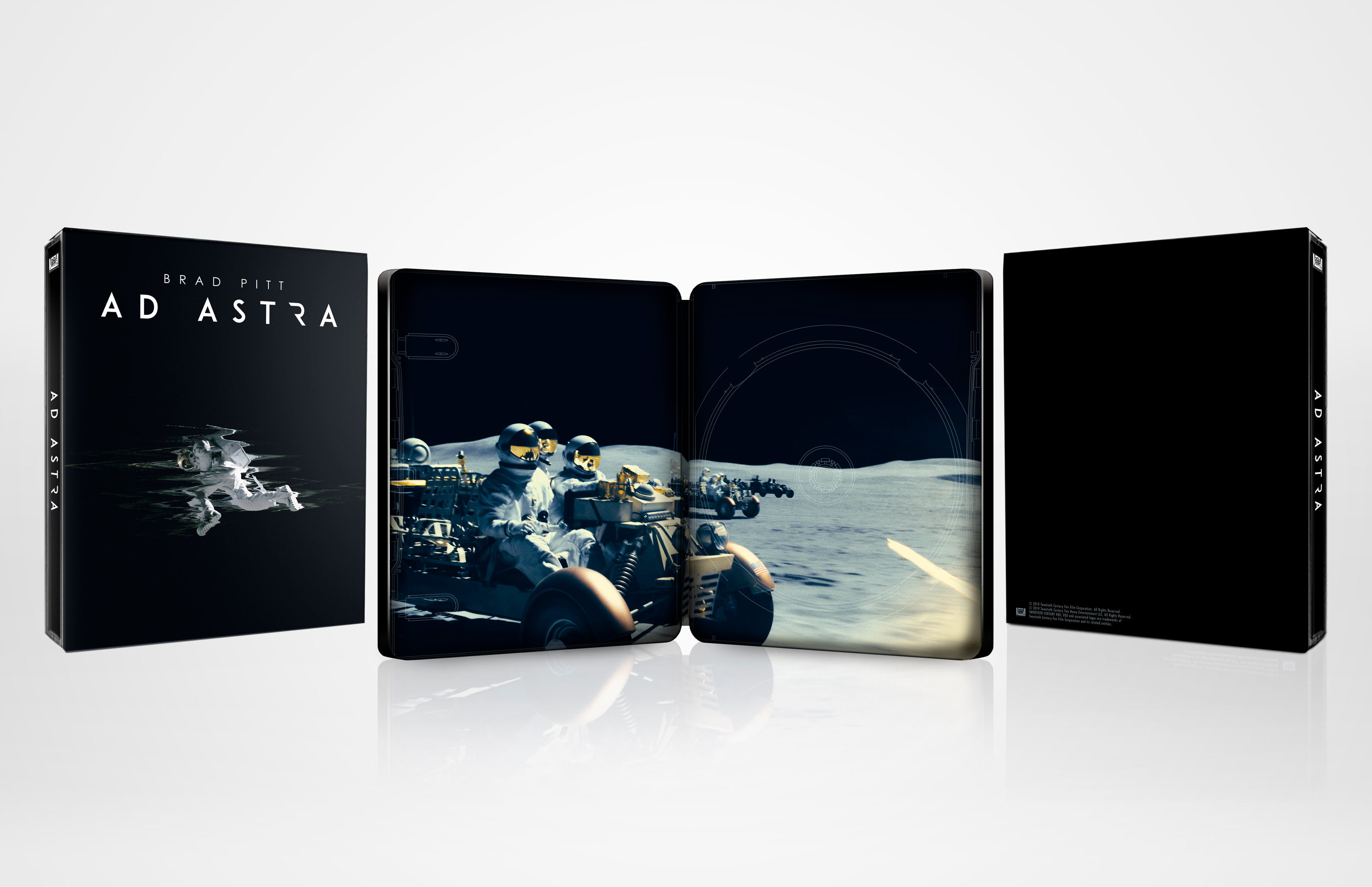Ad Astra Blu-ray Disc Hülle, geschlossen und geöffnet. Brad Pitts Film ist auf dem Cover.