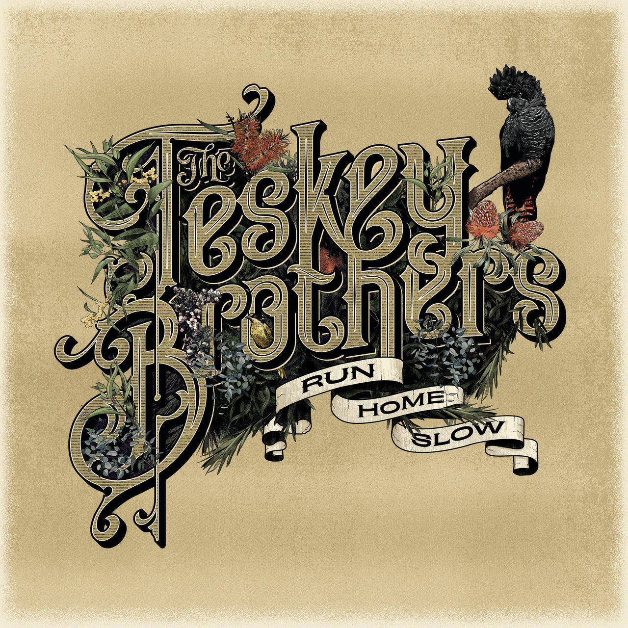 The Teskey Brothers-Albumcover. Titeltext mit floralen Elementen und einem schwarzen Kakadu auf einem Ast.