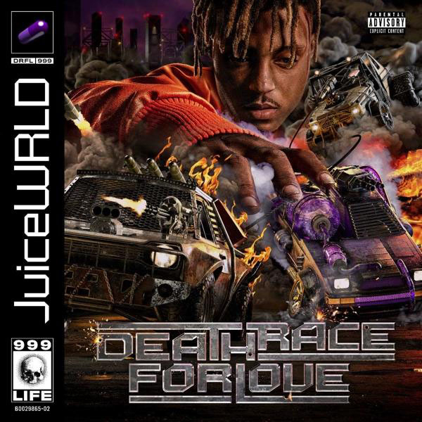 Albumcover mit Bild von Juice WRLD, in einem Auto, und Text: Death Race for Love.