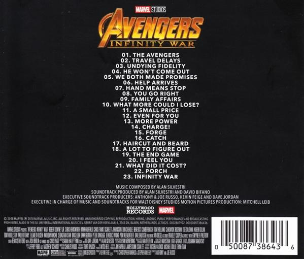 Dos du CD de la bande originale d'Avengers: Infinity War. Inclut la liste des titres, les crédits et le logo.