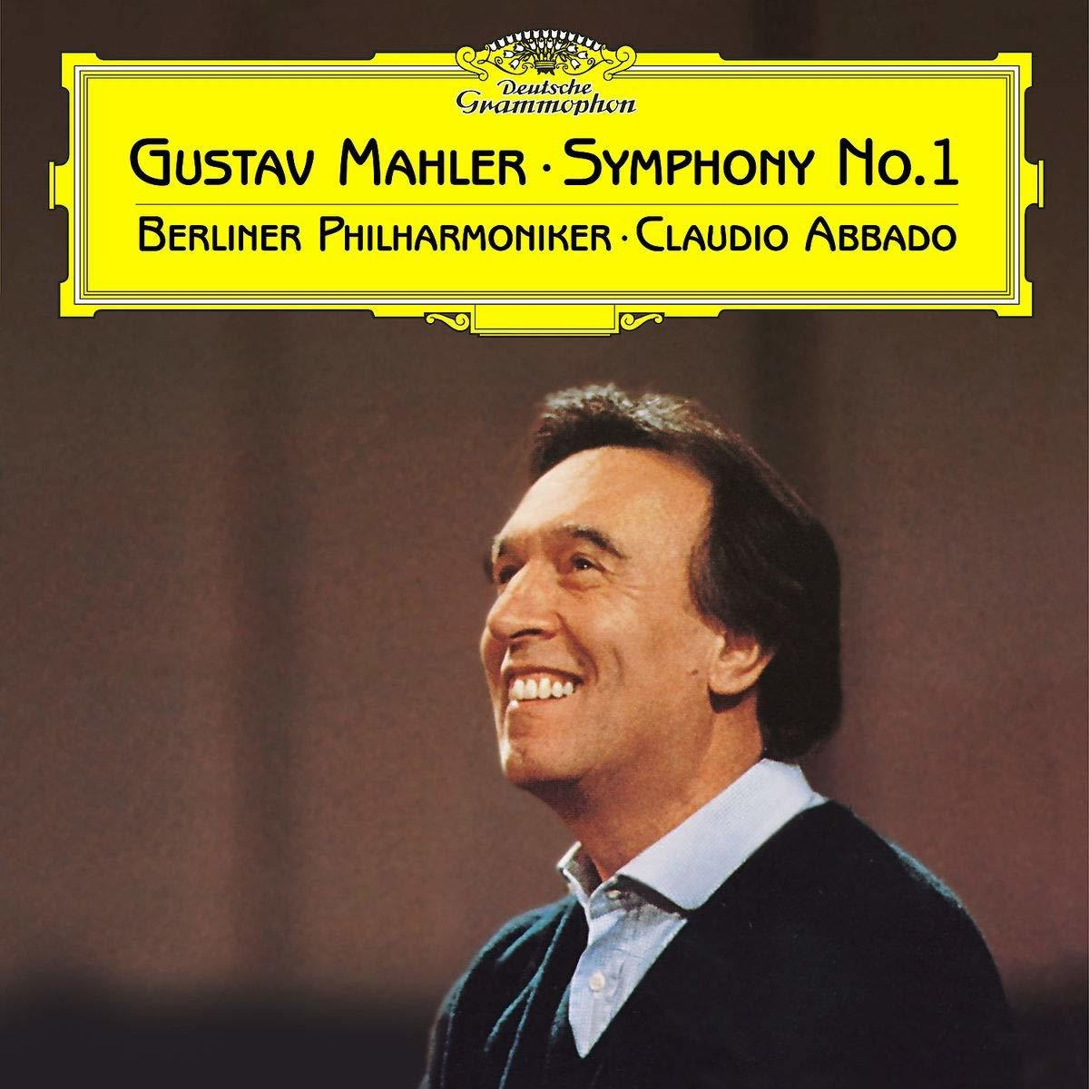 Porträt eines lächelnden Mannes mit Text 'Gustav Mahler - Symphony No.1' und gelbem Deutsche Grammophon-Rahmen.