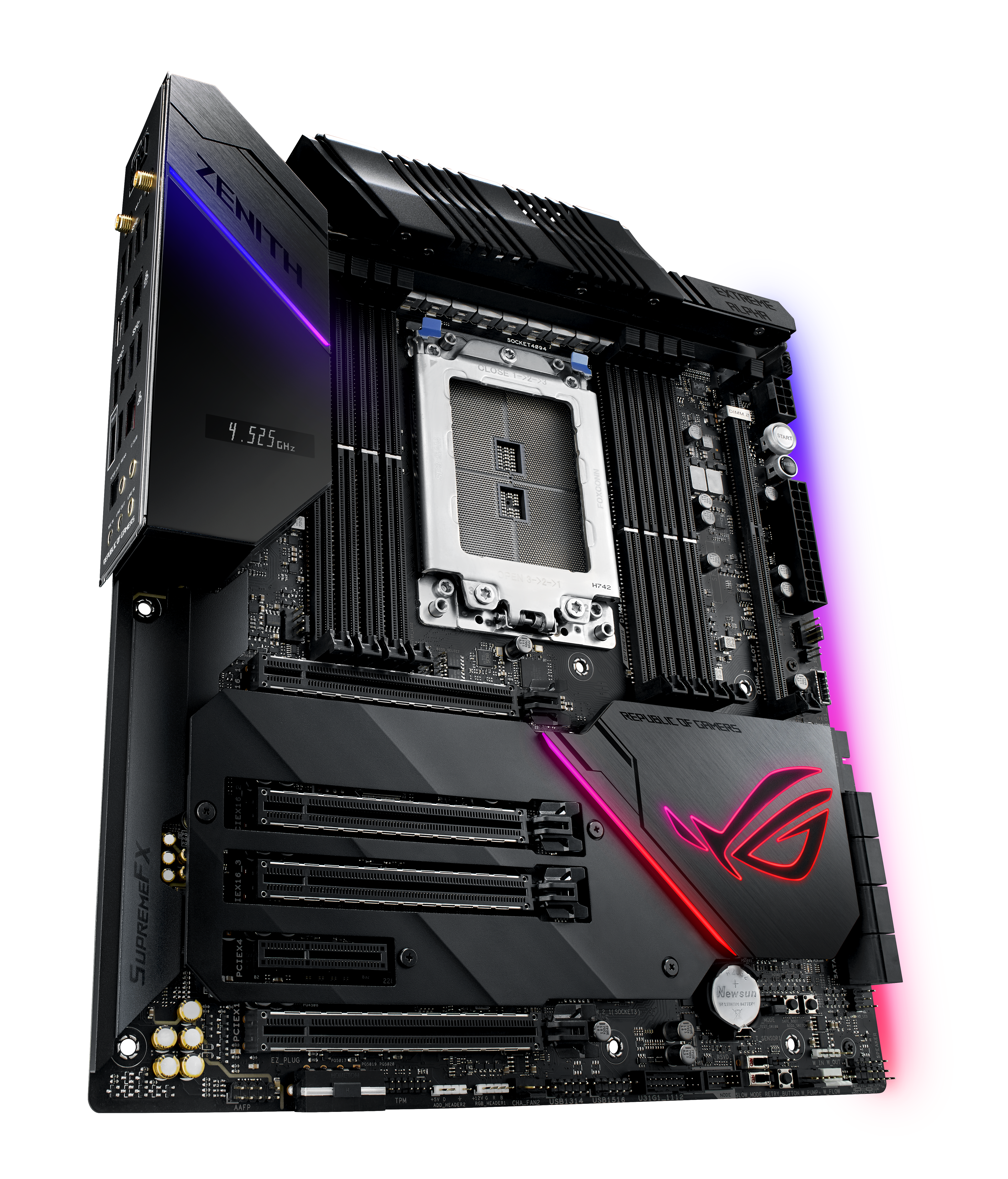 Nahaufnahme eines schwarzen Motherboards mit mehrfarbigen Lichtern. Die Marke ROG ist sichtbar.