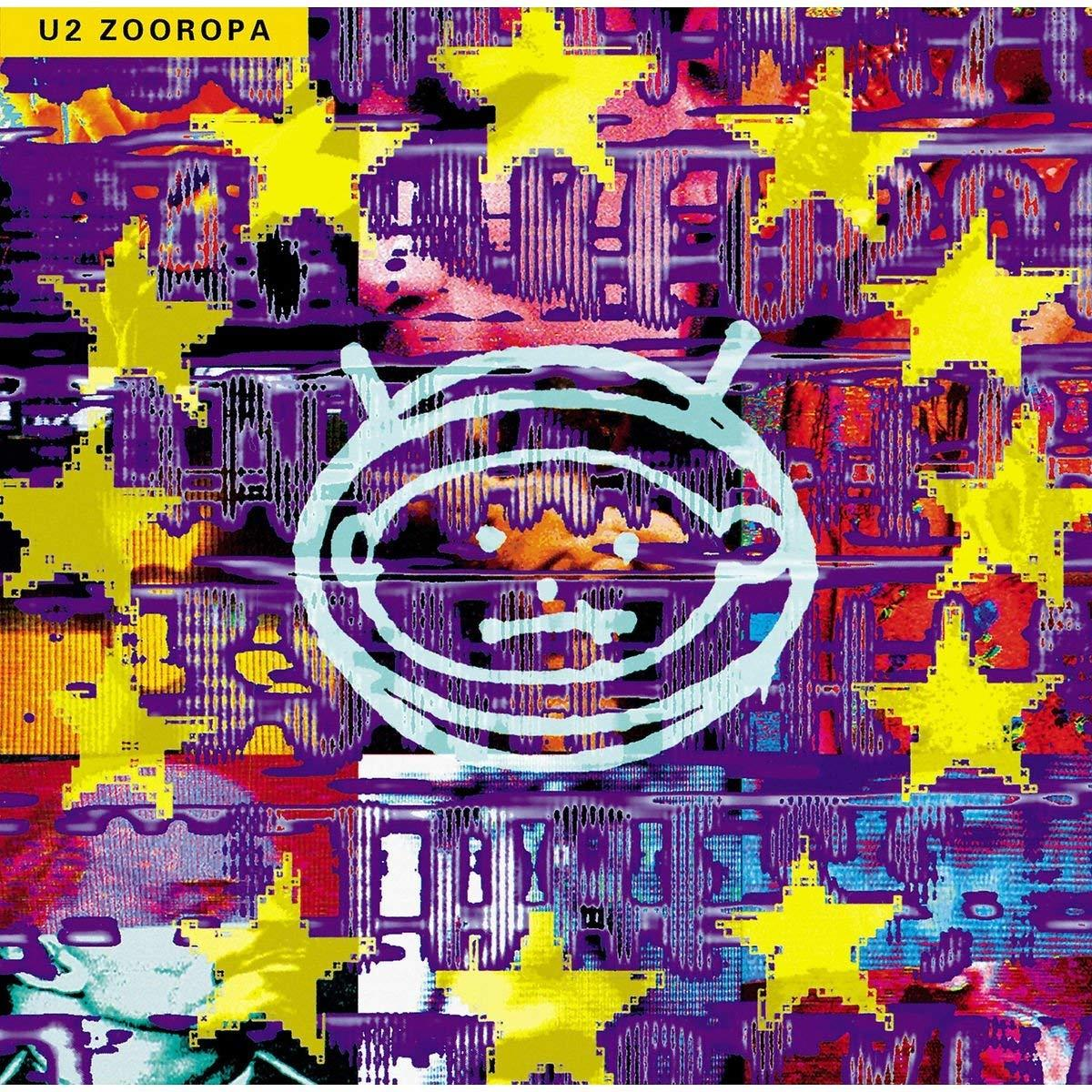 Pochette d'album : U2 Zooropa. Art abstrait coloré avec un visage et des étoiles.