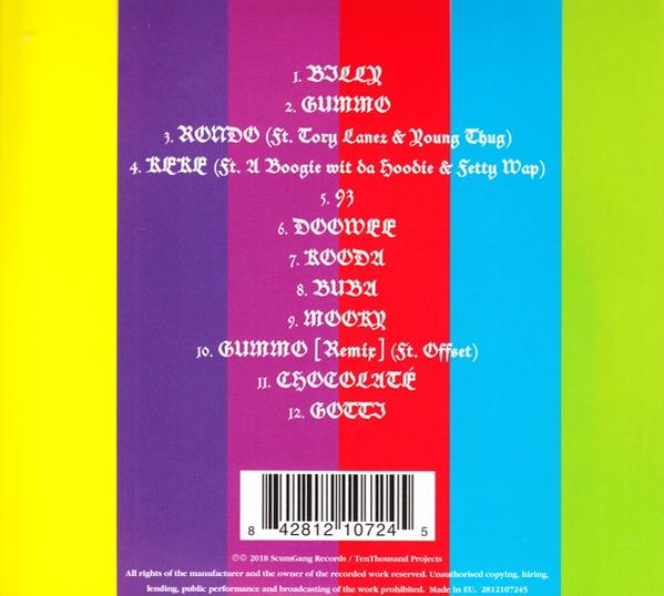 Albumhoes met een lijst met nummers in rode tekst.