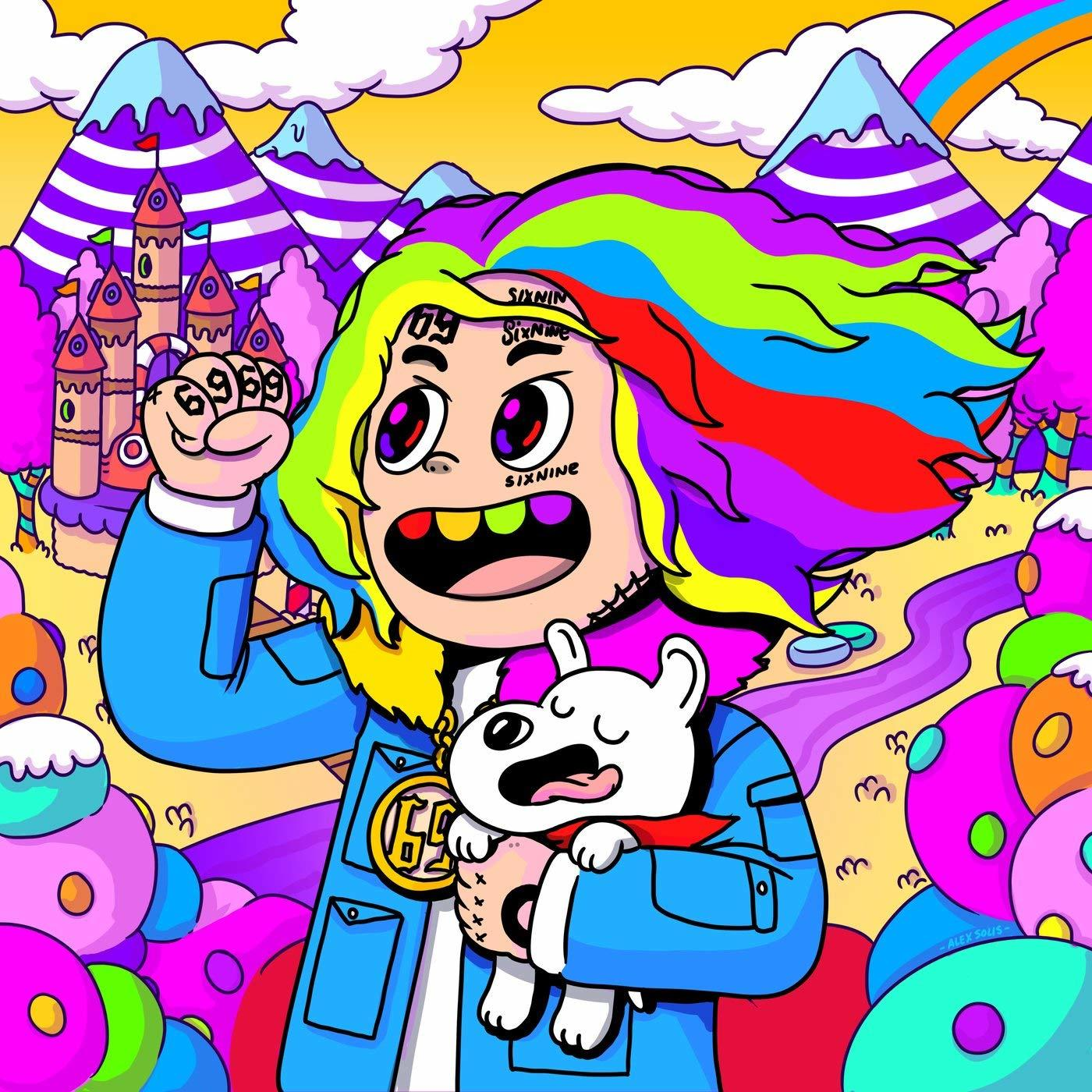 Cartoonafbeelding van 6ix9ine met een hond, regenbooghaar, kleurrijke fantasie-achtergrond.