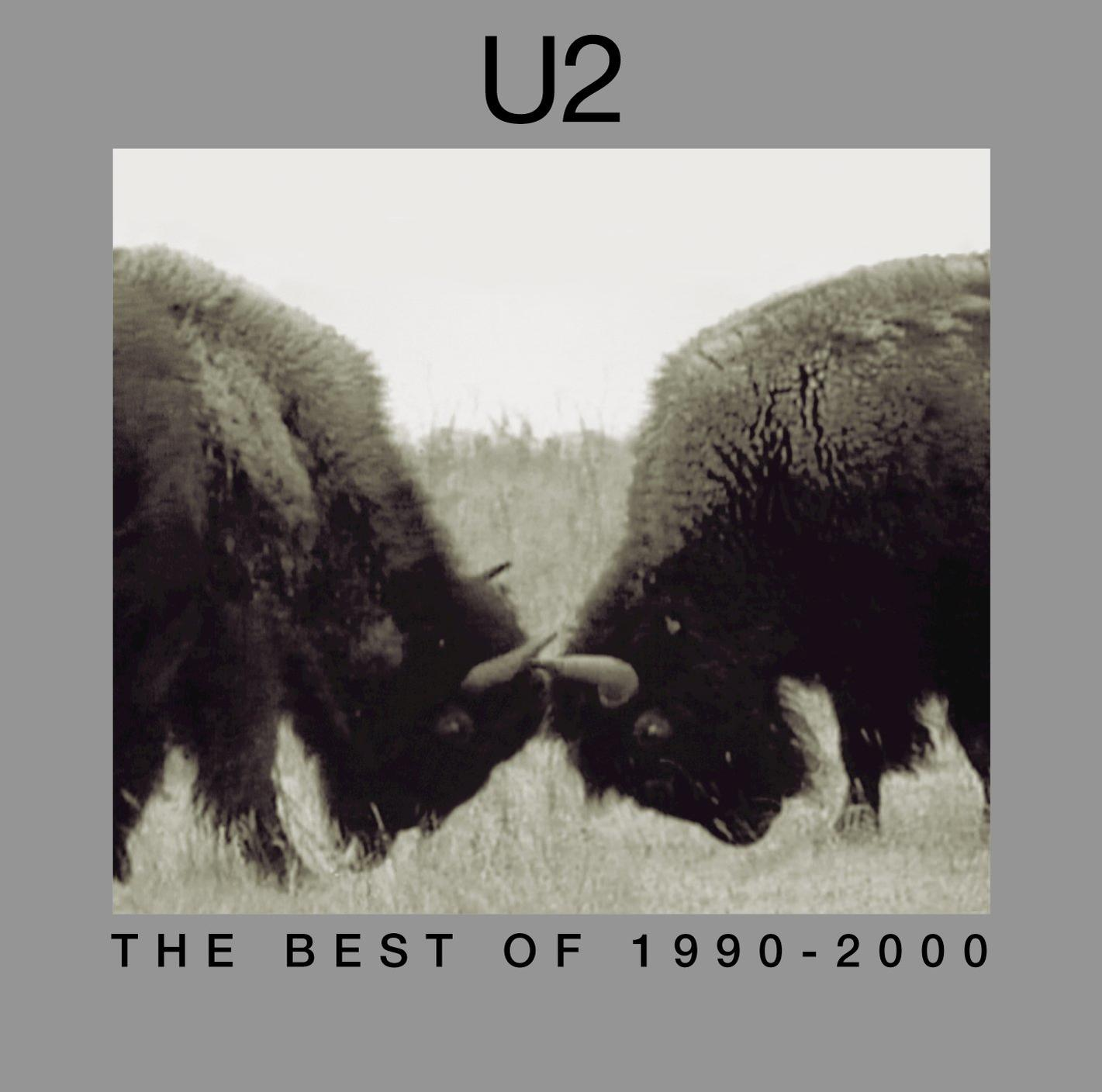 Pochette d'album avec deux bisons face à face. Le titre de l'album est The Best of 1990-2000 de U2.