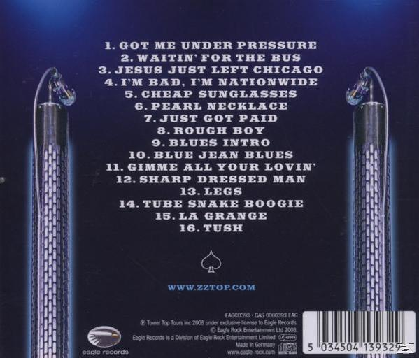 Album-Rückseite mit Titelliste für ZZ Top, mit Pik-Symbol und Website-Info.