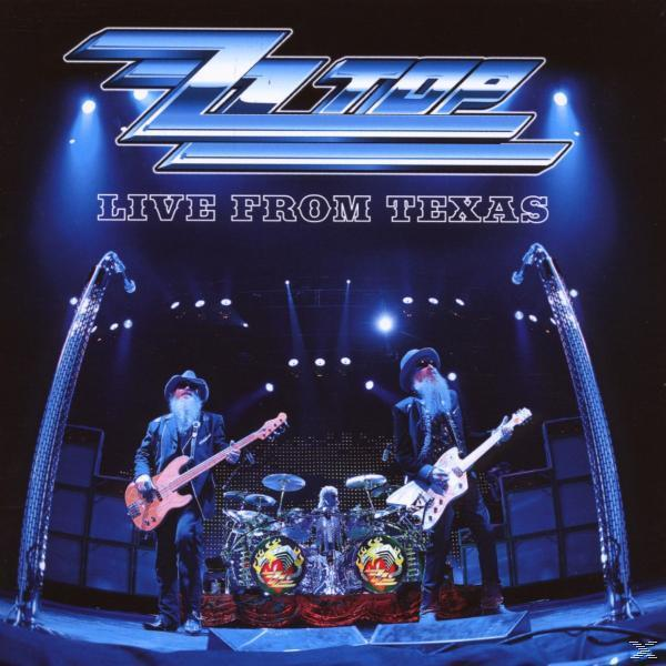 ZZ Top Live From Texas Albumcover, Band auf der Bühne mit Instrumenten.
