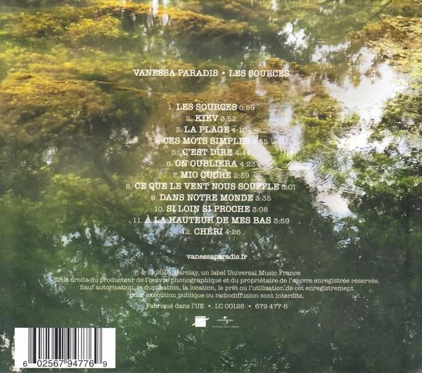 Albumhoes met songtitels. Waterachtergrond met bomen en een witte albumhoes.